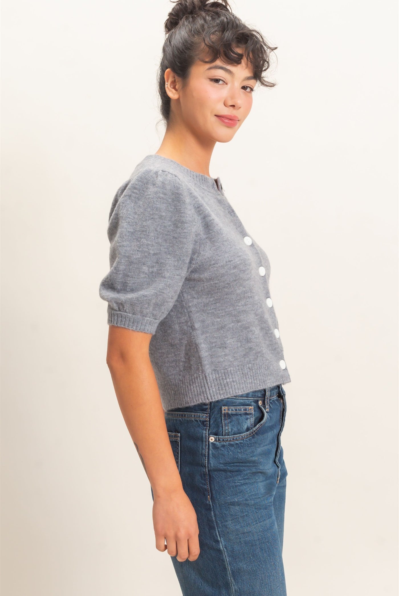 Wholesale Button Front Puff Short Sleeve Cardigan Cardigans DZ26C960 HEATHER GRAY DOUBLE ZERO