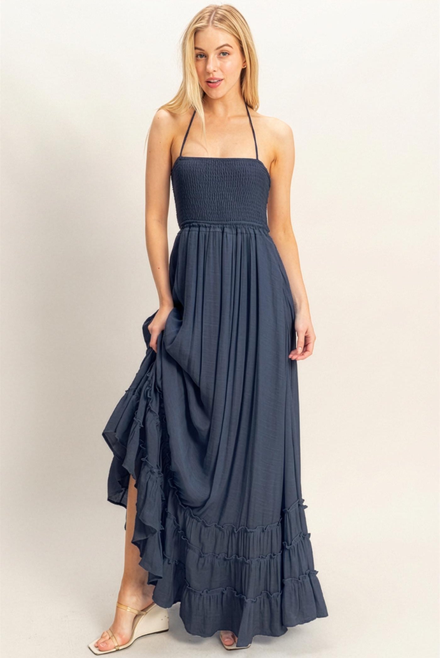 Wholesale Smocked Halter Maxi Dress Dresses HF26C290-D DARK NAVY HYFVE