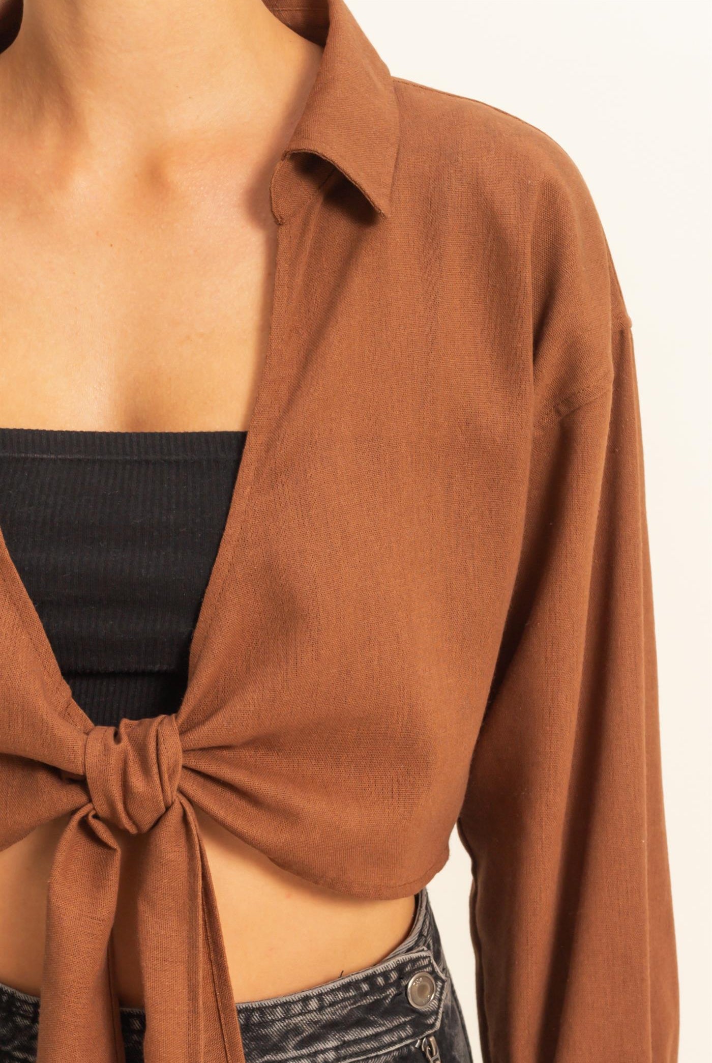 Wholesale Sand Washed Tie Front Crop Top Blouses DZ24C963 CHESTNUT DOUBLE ZERO