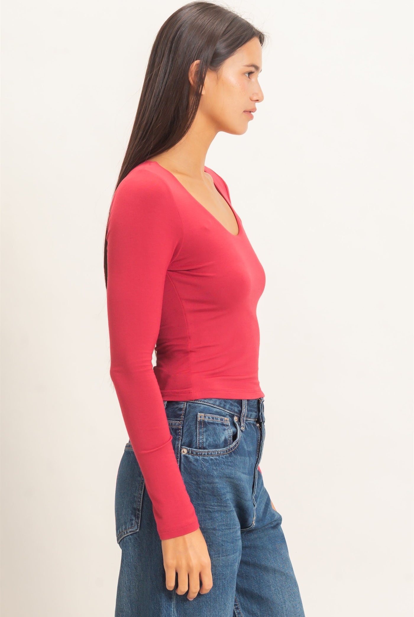 Wholesale Scoop Neck Long Sleeve Top Clothing Tops DZ26E250 DARK RED DOUBLE ZERO