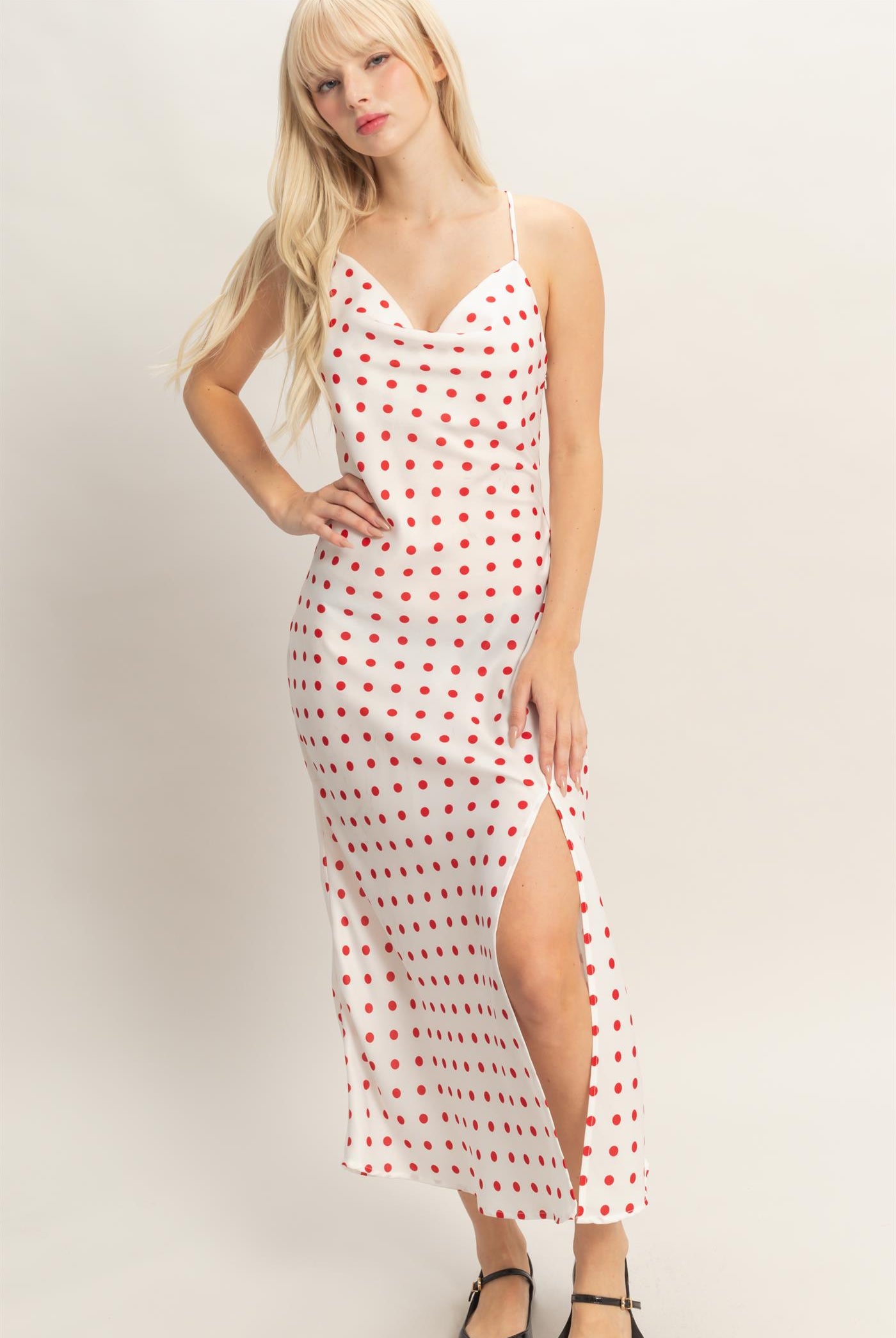 Wholesale Polka Dot Spaghetti Strap Cowl Neck Midi Dress Dresses DZ26C049 RED DOUBLE ZERO
