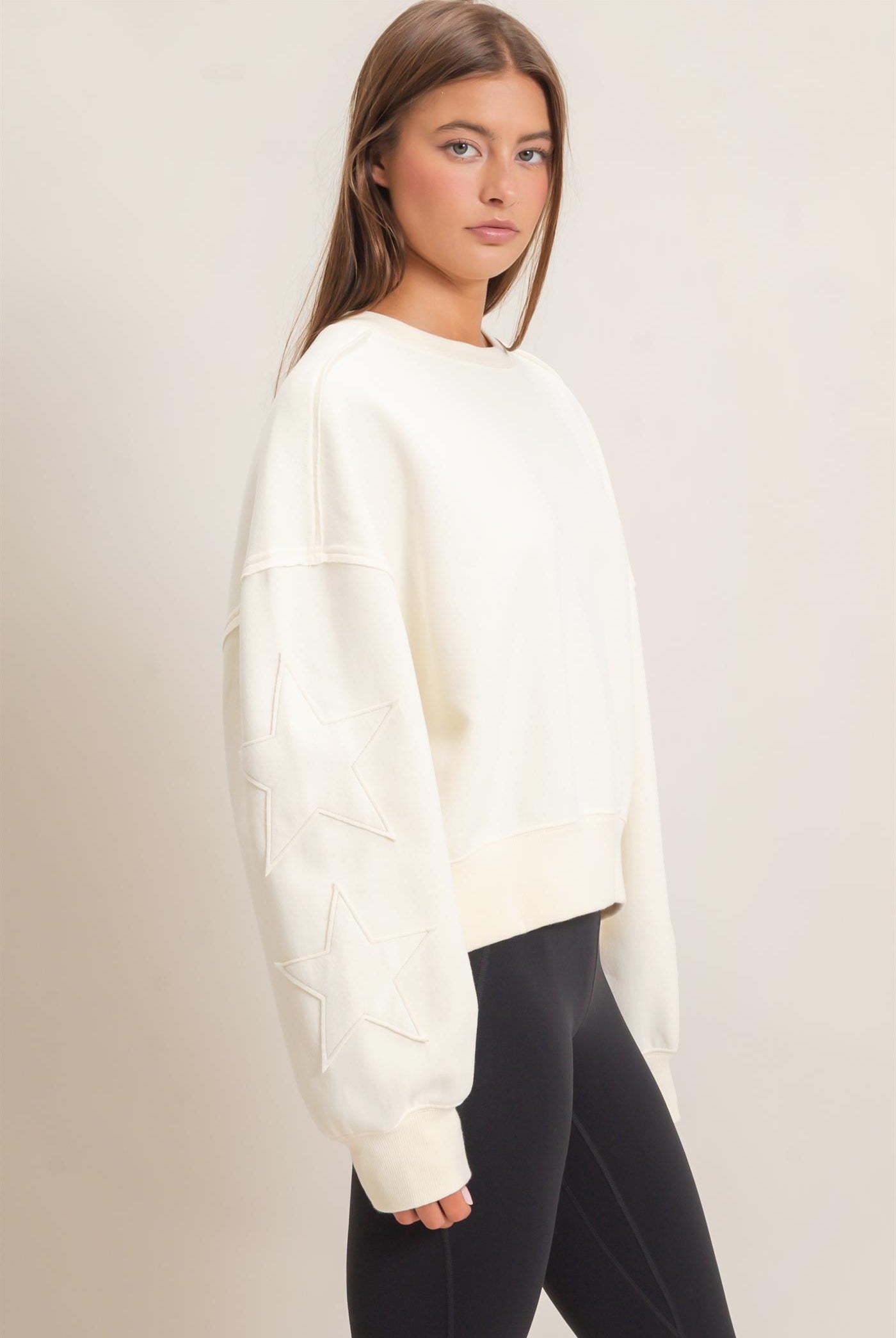 Wholesale Star Patch Sleeve Sweatshirt Sweatshirts DZ26E888 CREAM DOUBLE ZERO