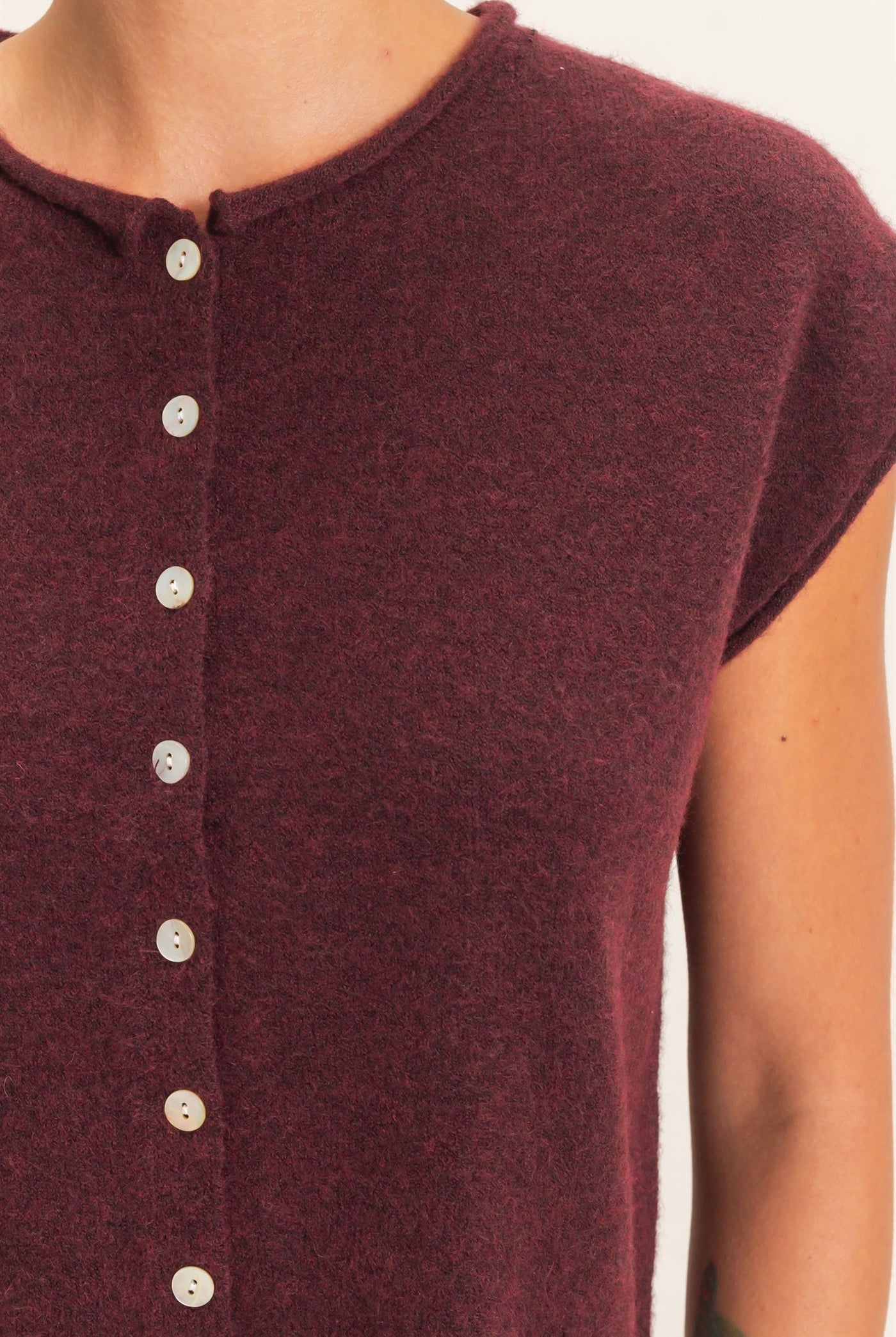 Wholesale Rolled Edge Button Front Sweater Vest Sweaters DZ26E239 DARK CHERRY DOUBLE ZERO