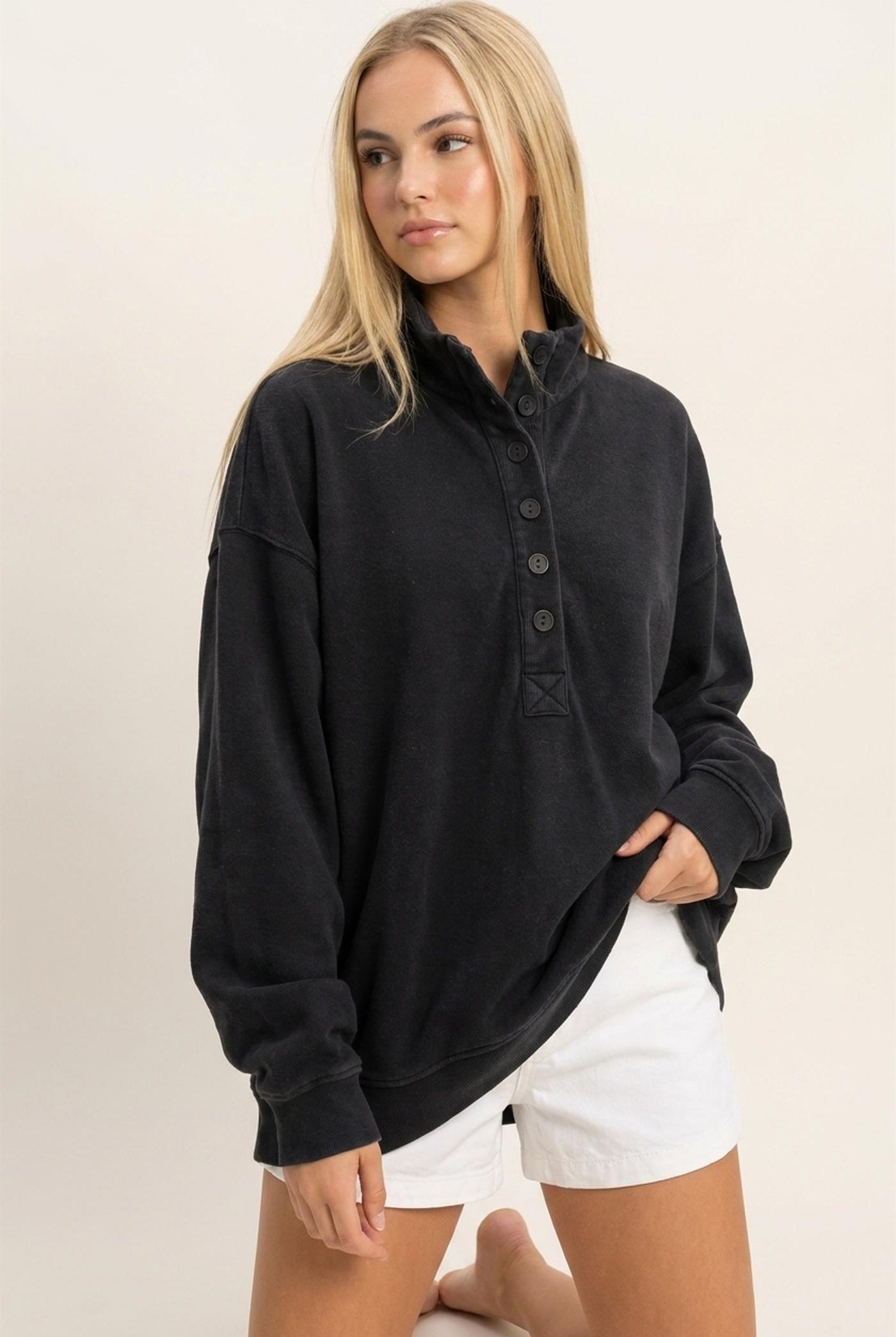 Wholesale Mineral Wash Button Front Sweatshirt Sweatshirts DZ26C909 BLACK DOUBLE ZERO
