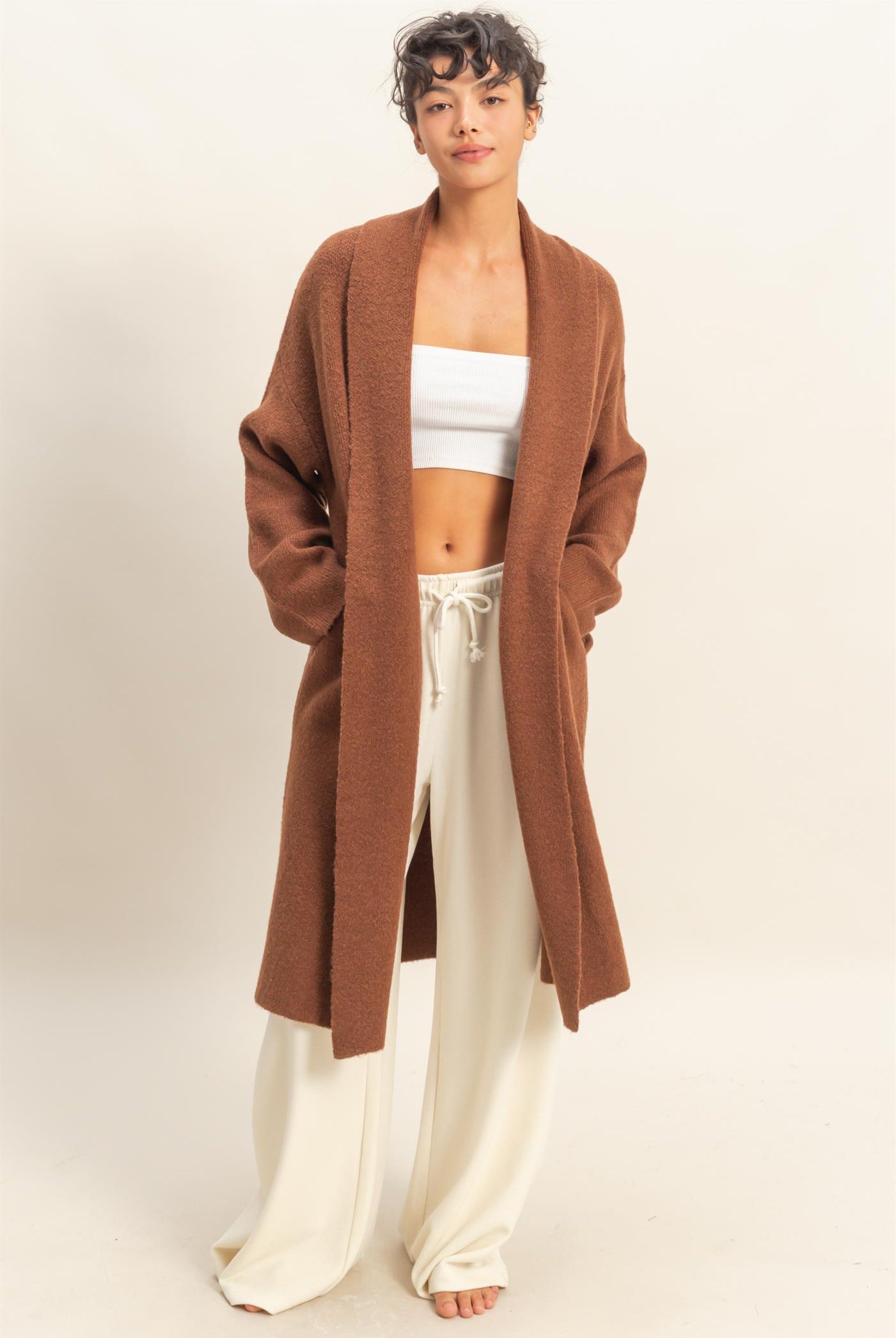 Wholesale Longline Open Front Duster Sweater Cardigans DZ25F435 CHESTNUT DOUBLE ZERO