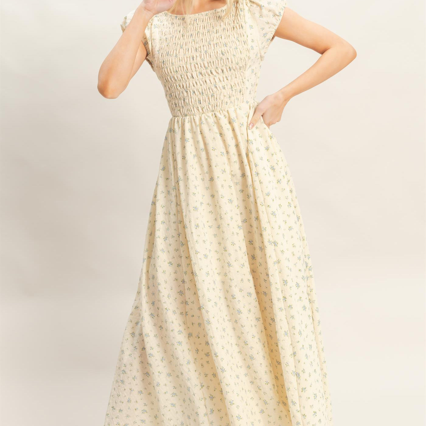 Wholesale Smocked Floral Maxi Dress Dresses HF26C262 BLUE HYFVE