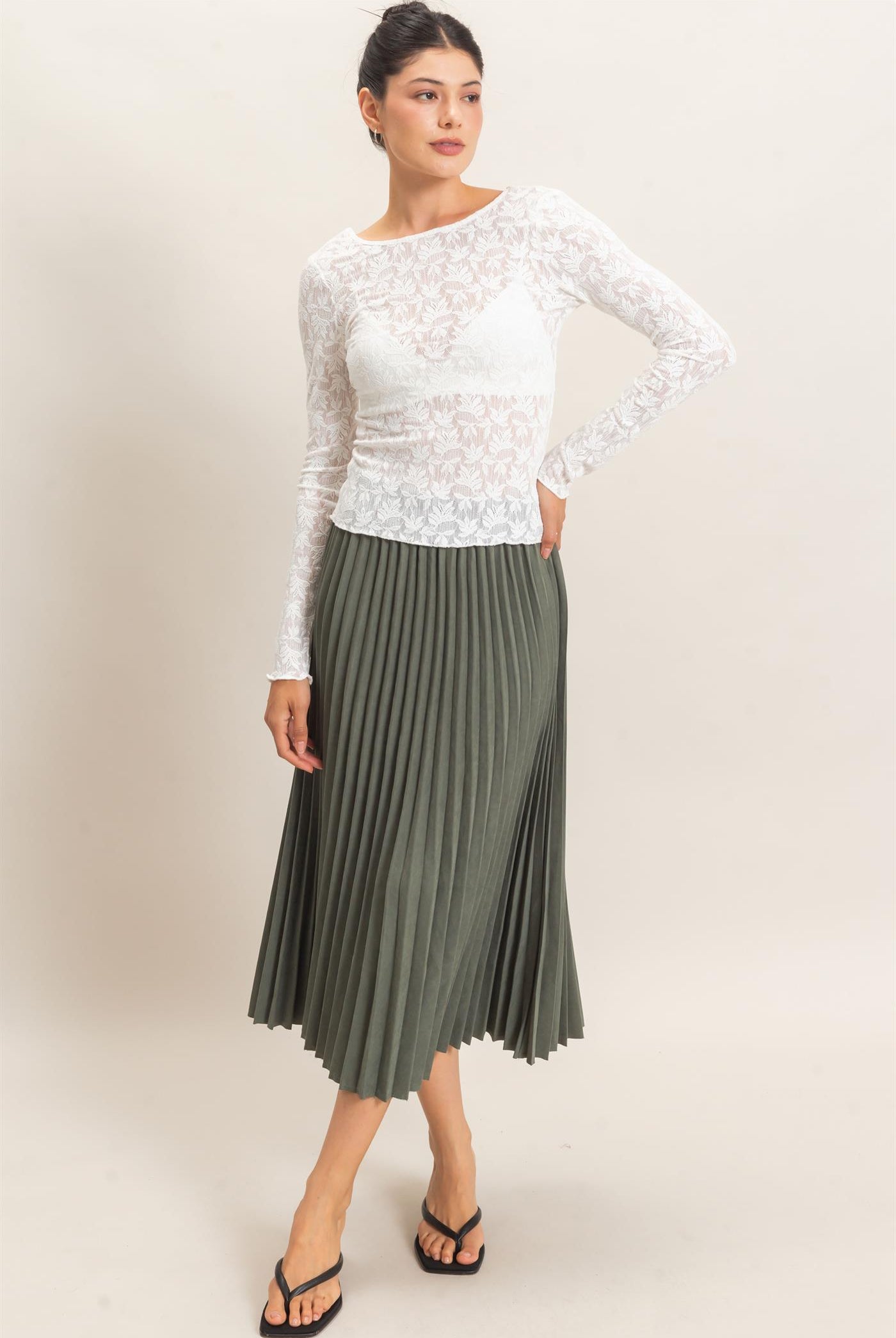 Wholesale Suede Accordion Pleated Skirt Skirts HF26F084-D FOREST GREEN HYFVE
