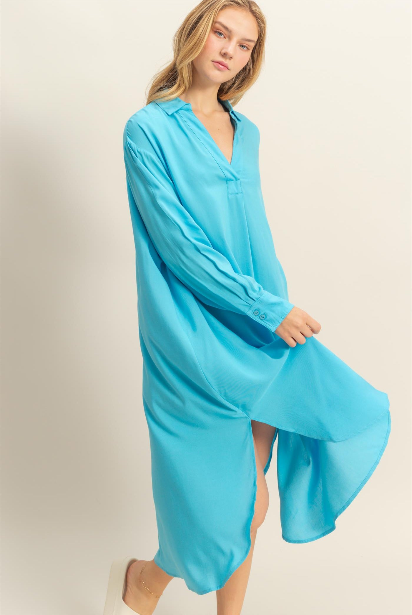 Wholesale V-Neck Long Sleeved Midi Shirts Dress Dresses DZ24E706 AQUA BLUE DOUBLE ZERO