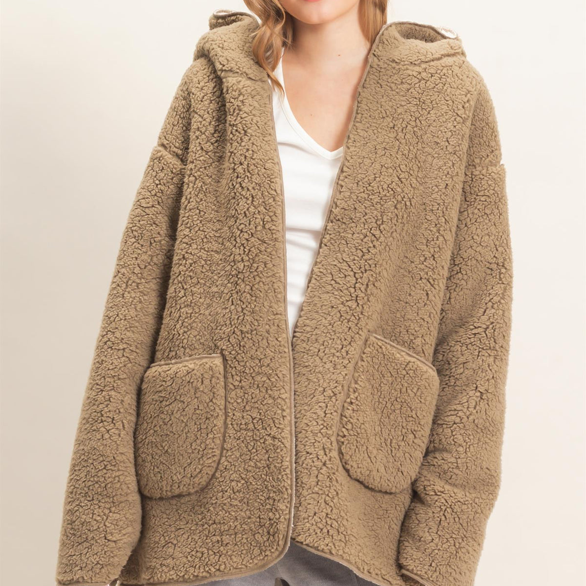 Wholesale Hooded Sherpa Jacket Coats & Jackets HF26E874 LIGHT OLIVE HYFVE