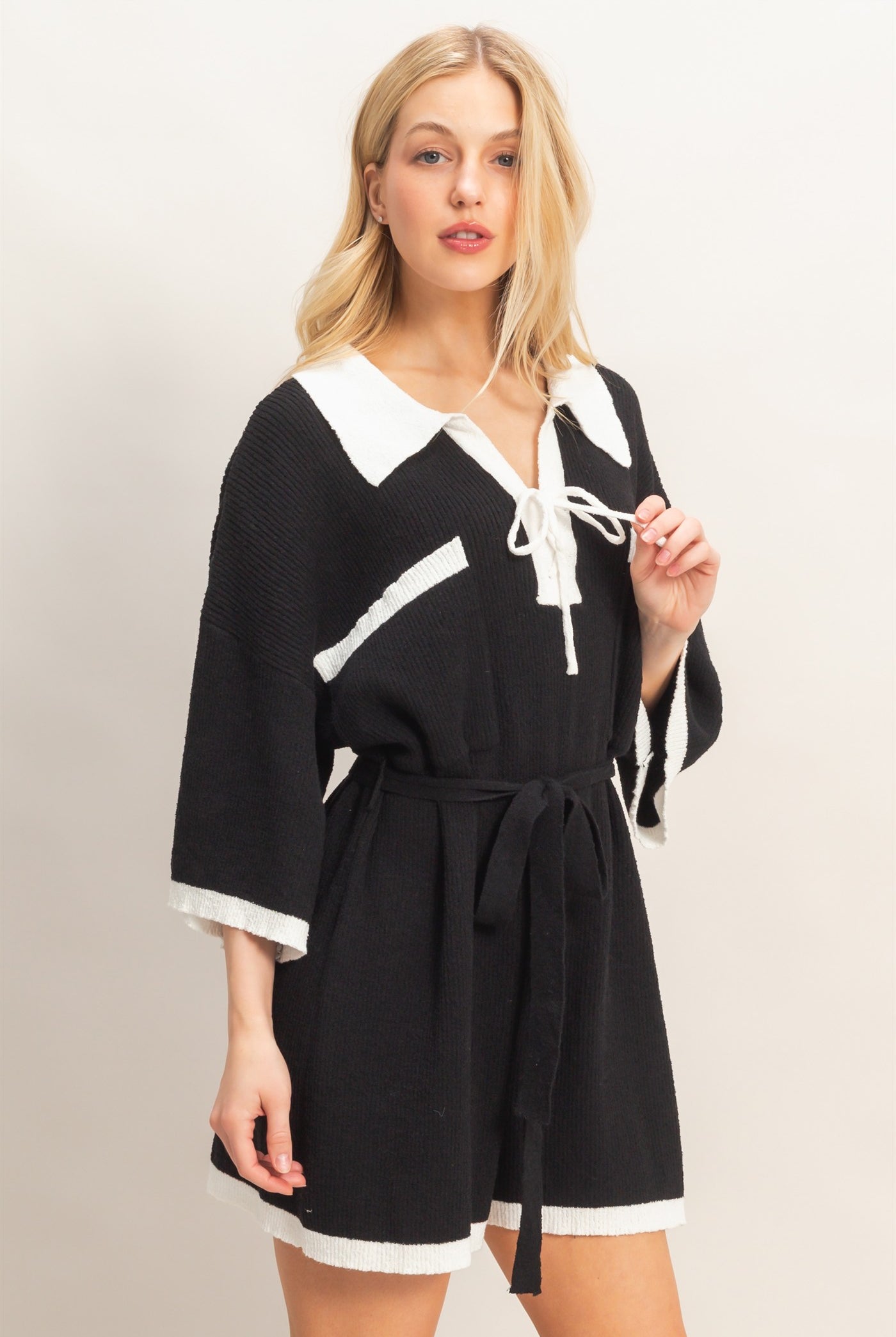 Wholesale Knit Romper With Contrast Tie Clothing HF26A408 BLACK HYFVE