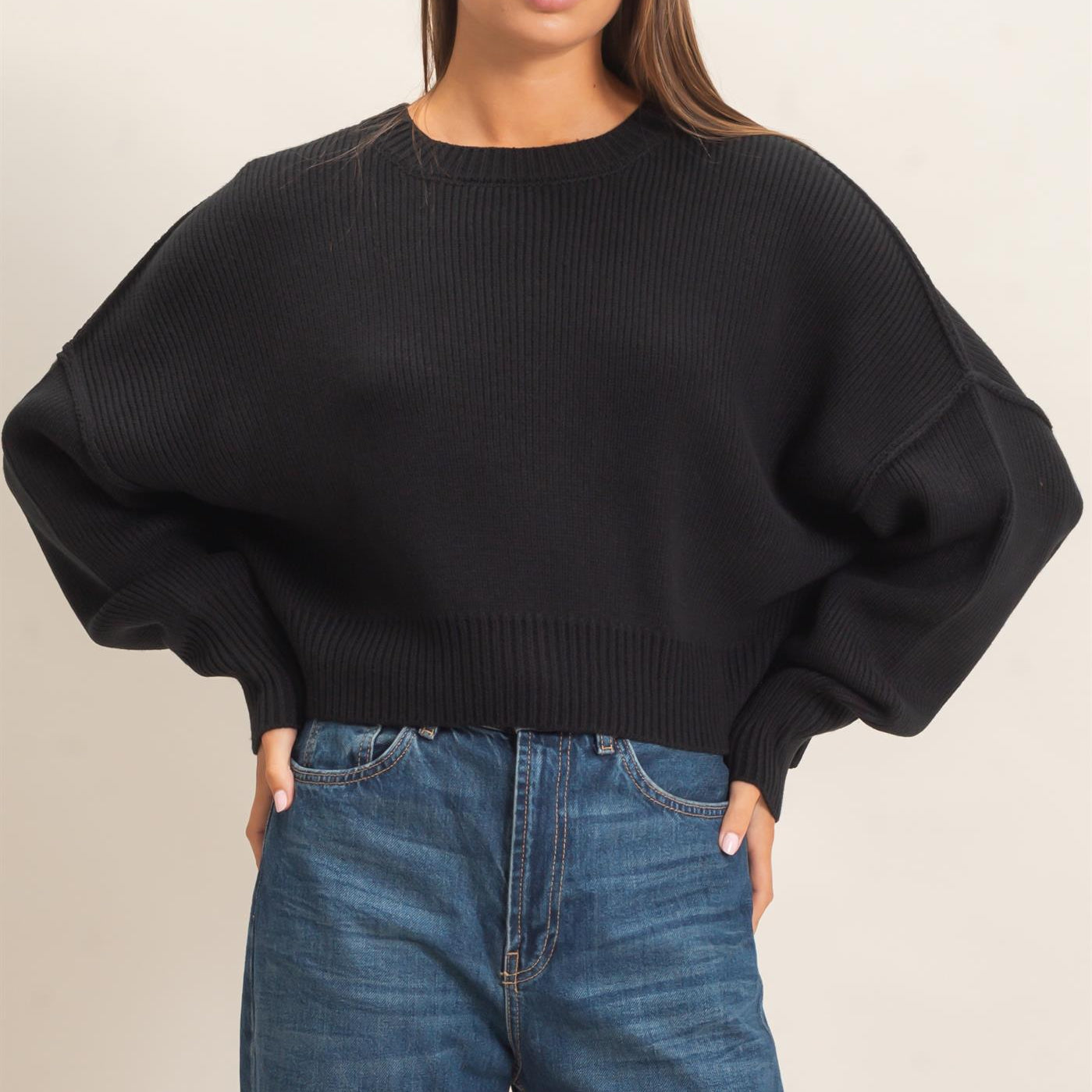 Wholesale Ribbed Drop Shoulder Sweater Sweaters DZ26C982 BLACK DOUBLE ZERO