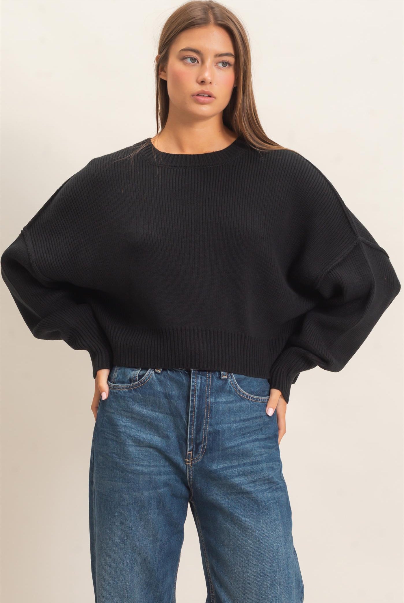 Wholesale Ribbed Drop Shoulder Sweater Sweaters DZ26C982 BLACK DOUBLE ZERO