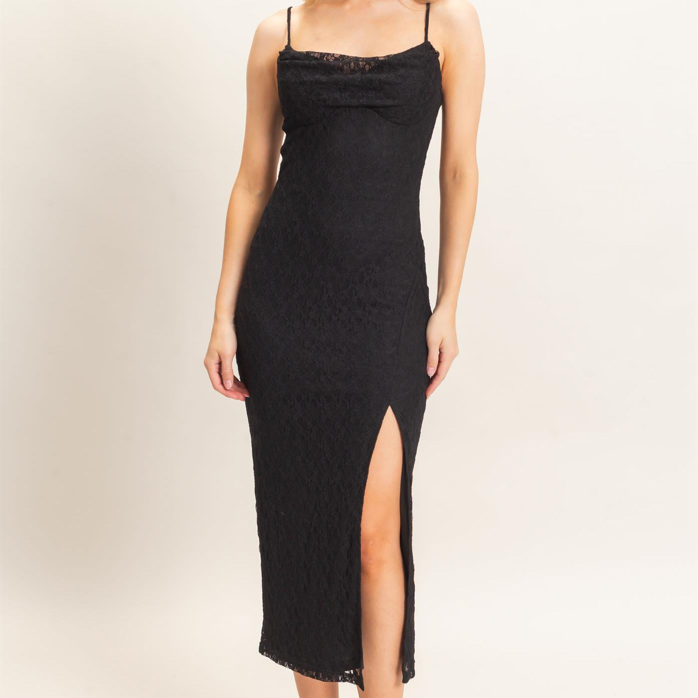 Wholesale Lace Midi Slip Dress Dresses HF26A879 BLACK HYFVE
