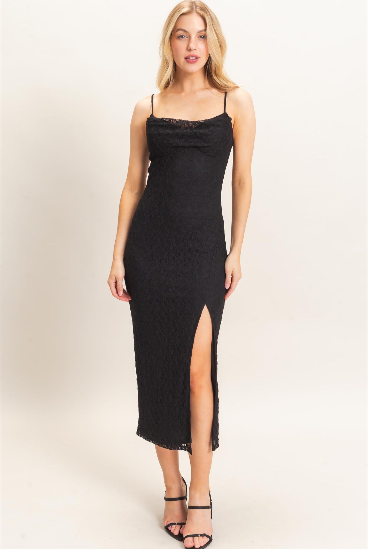 Wholesale Lace Midi Slip Dress Dresses HF26A879 BLACK HYFVE