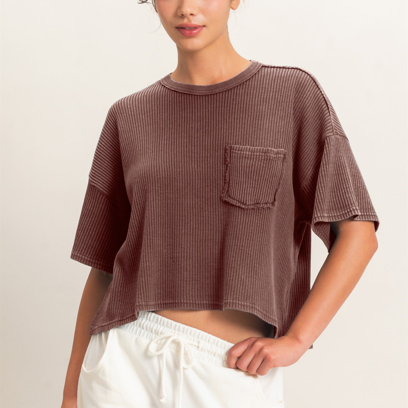 Wholesale Mineral Wash Waffle Knit Pocket Top Clothing Tops DZ26E222 DARK BROWN DOUBLE ZERO