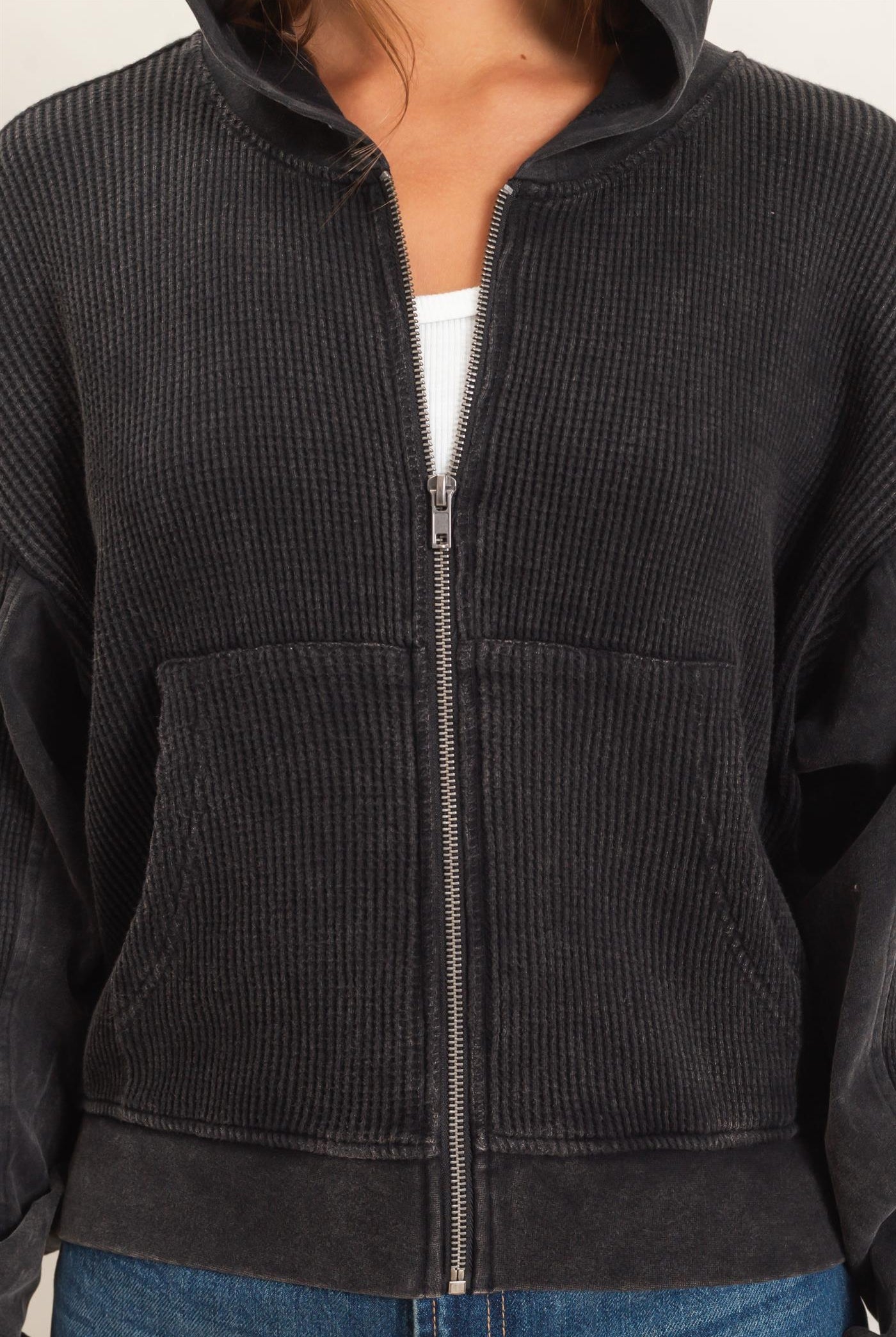 Wholesale Acid Wash Waffle Knit Zip-Up Hoodie Hoodies DZ26E401 BLACK DOUBLE ZERO