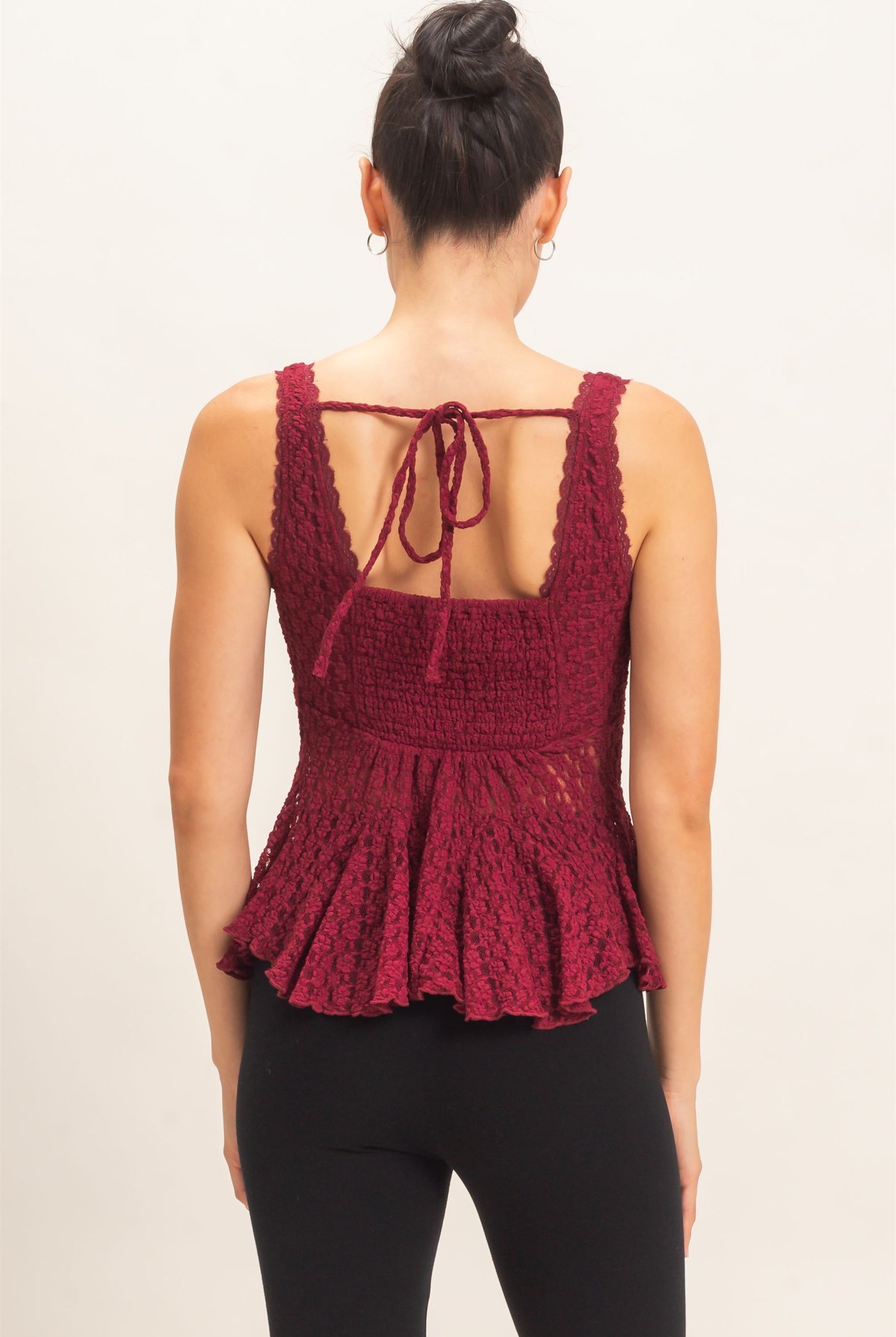 Wholesale Lace V-Neck Peplum Top Clothing Tops HF26E088 BURGUNDY HYFVE