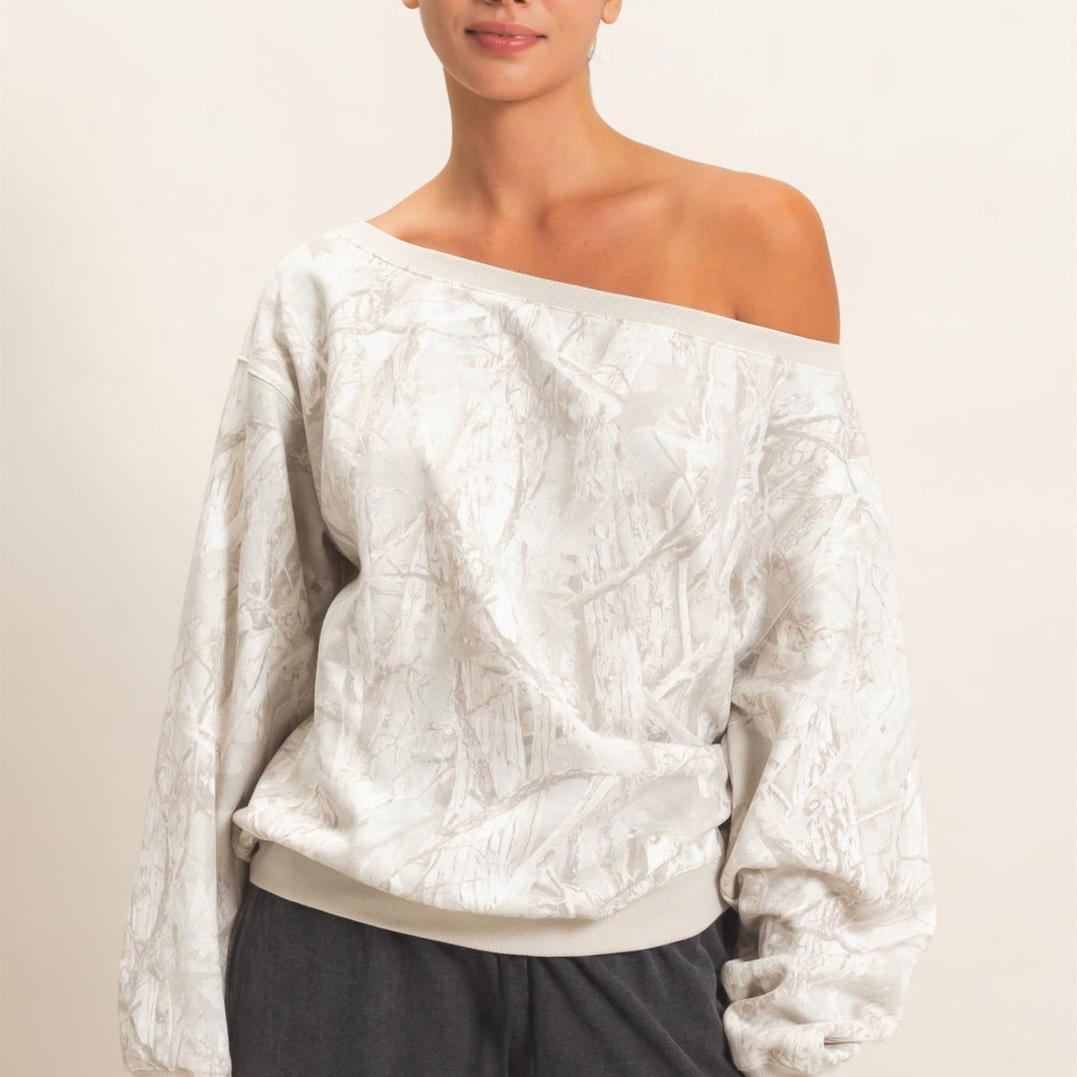 Wholesale Tree Camouflage Print Off The Shoulder Sweatshirt Sweatshirts DZ26F310 GRAY DOUBLE ZERO