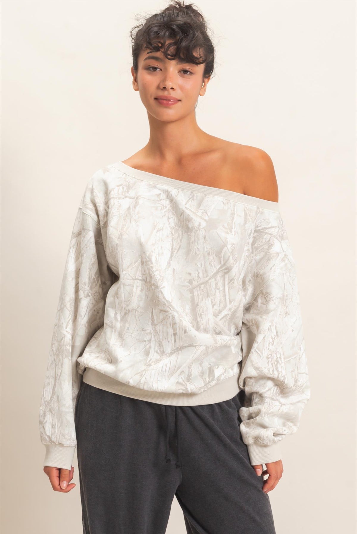 Wholesale Tree Camouflage Print Off The Shoulder Sweatshirt Sweatshirts DZ26F310 GRAY DOUBLE ZERO