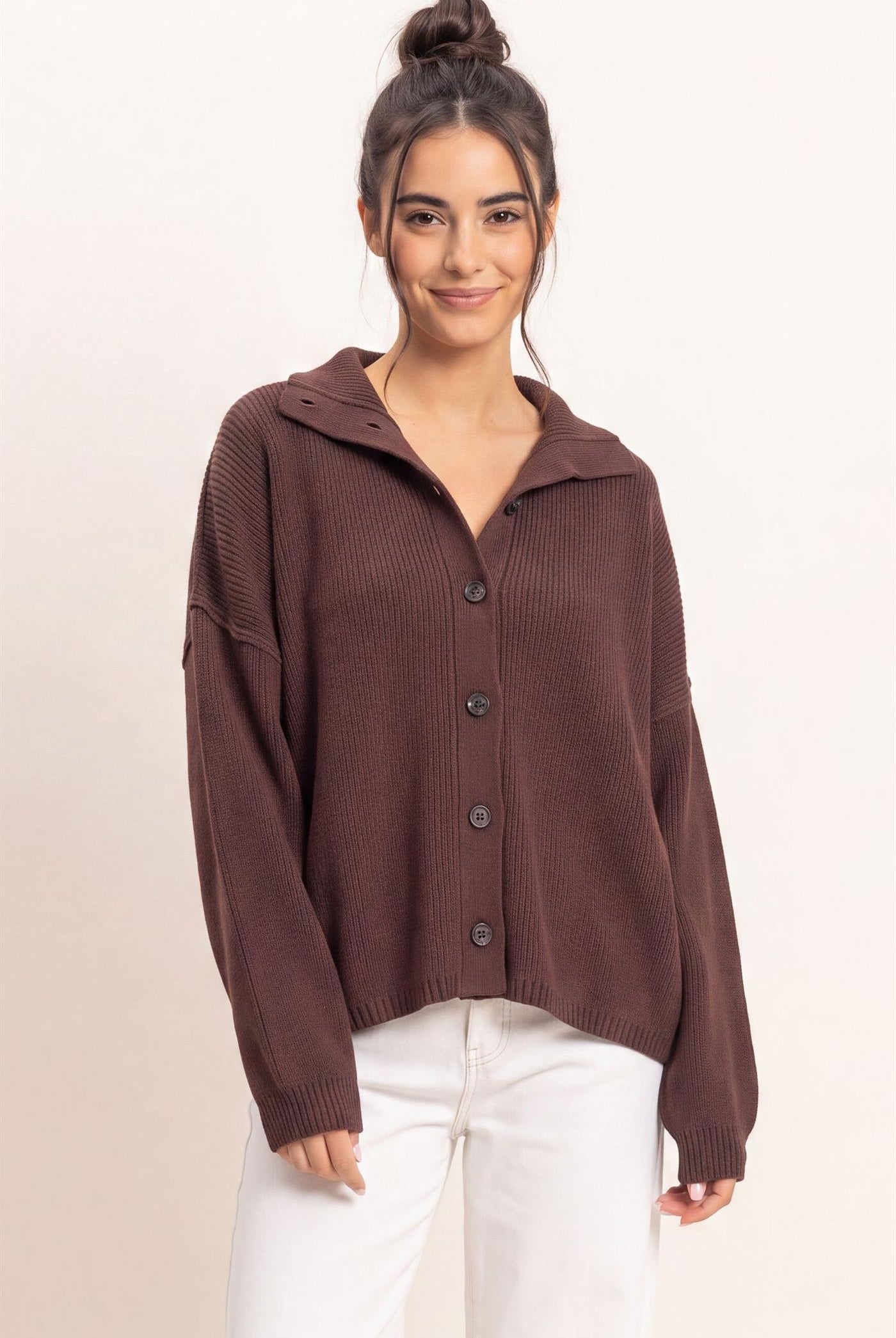 Wholesale High Neck Oversized Cardigan Cardigans DZ26E280 DARK BROWN DOUBLE ZERO