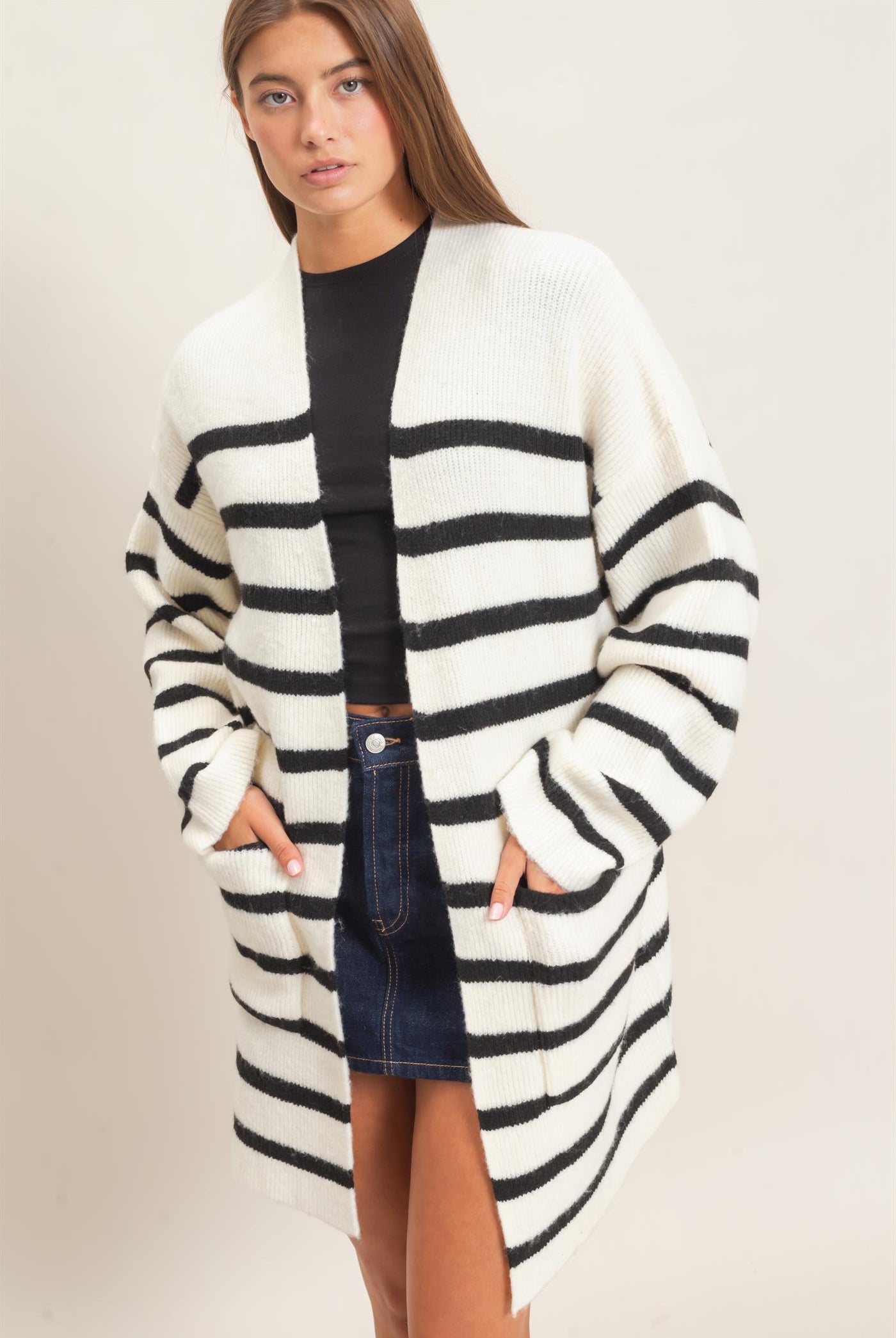 Wholesale Open Front Stripe Cardigan Cardigans DZ26C342 CREAM DOUBLE ZERO