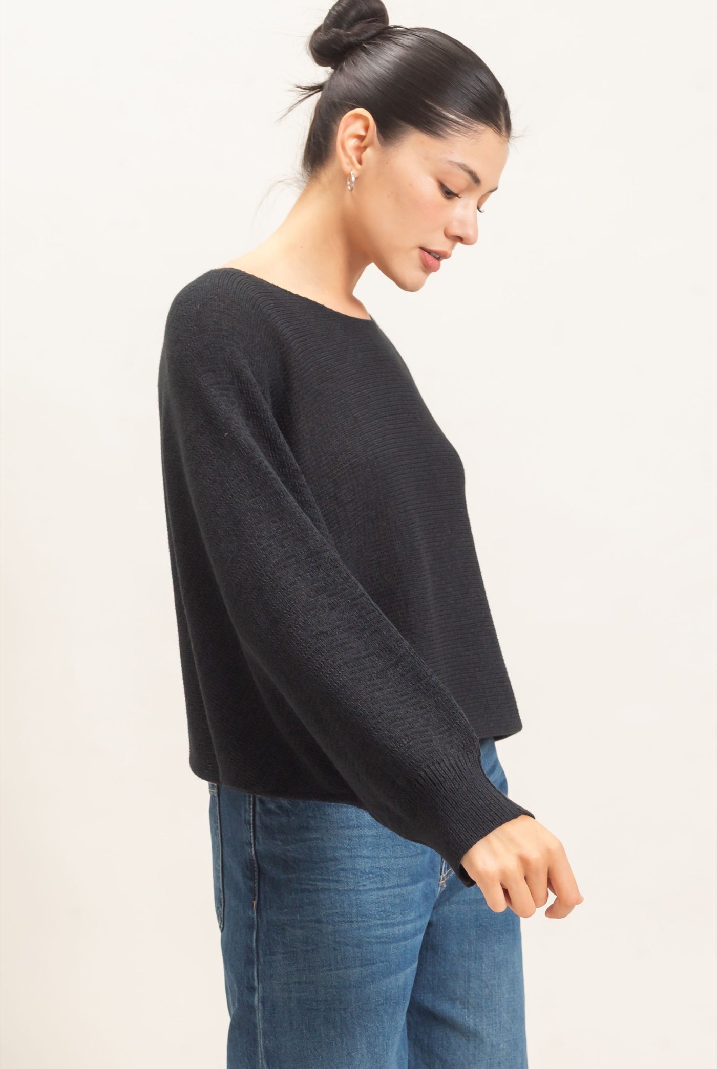 Wholesale Loose Knit Boat Neck Sweater Sweaters HF26E896 BLACK HYFVE