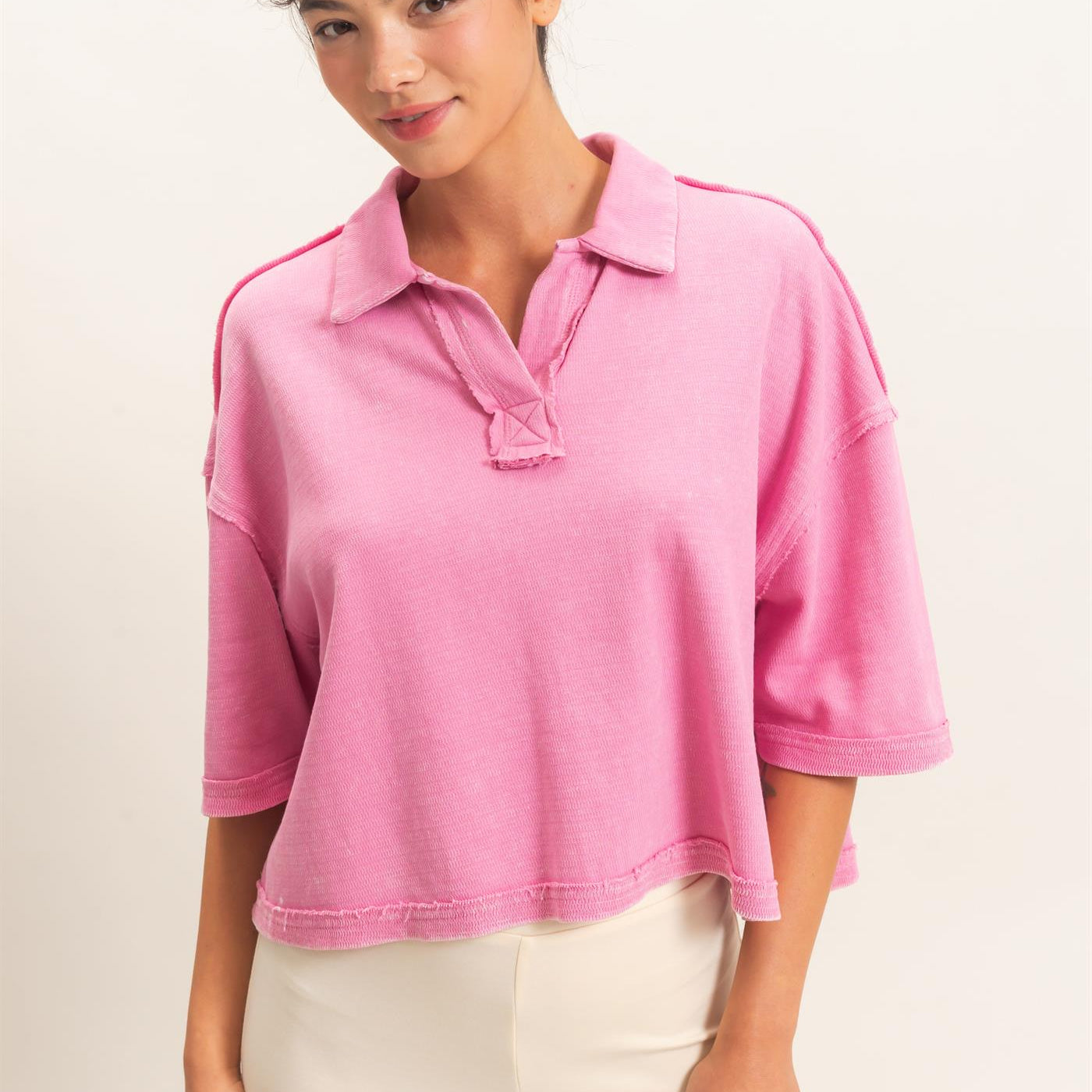 Wholesale Mineral Wash Oversized Collar Short Sleeve Top Clothing Tops DZ26E813 PINK DOUBLE ZERO