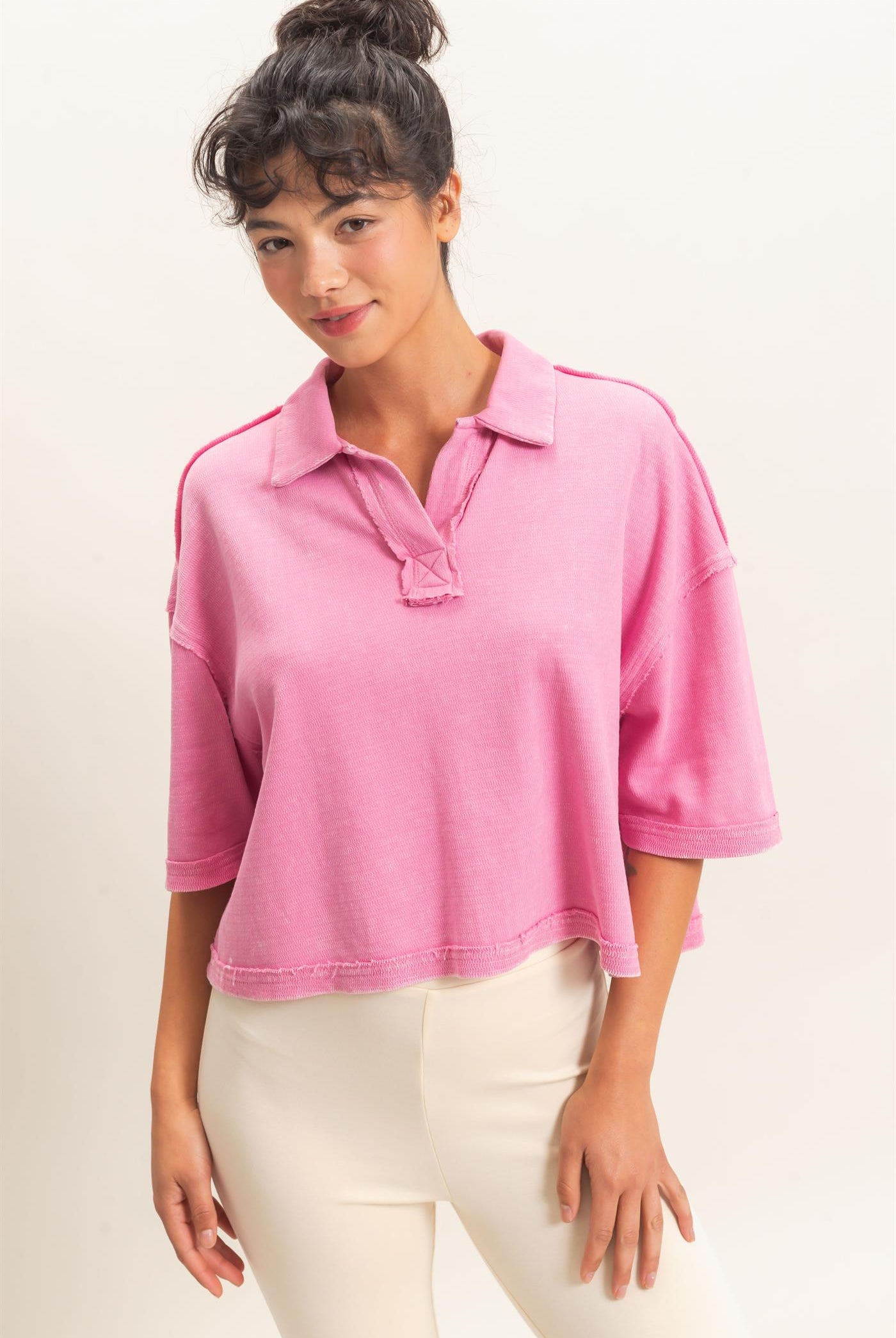 Wholesale Mineral Wash Oversized Collar Short Sleeve Top Clothing Tops DZ26E813 PINK DOUBLE ZERO