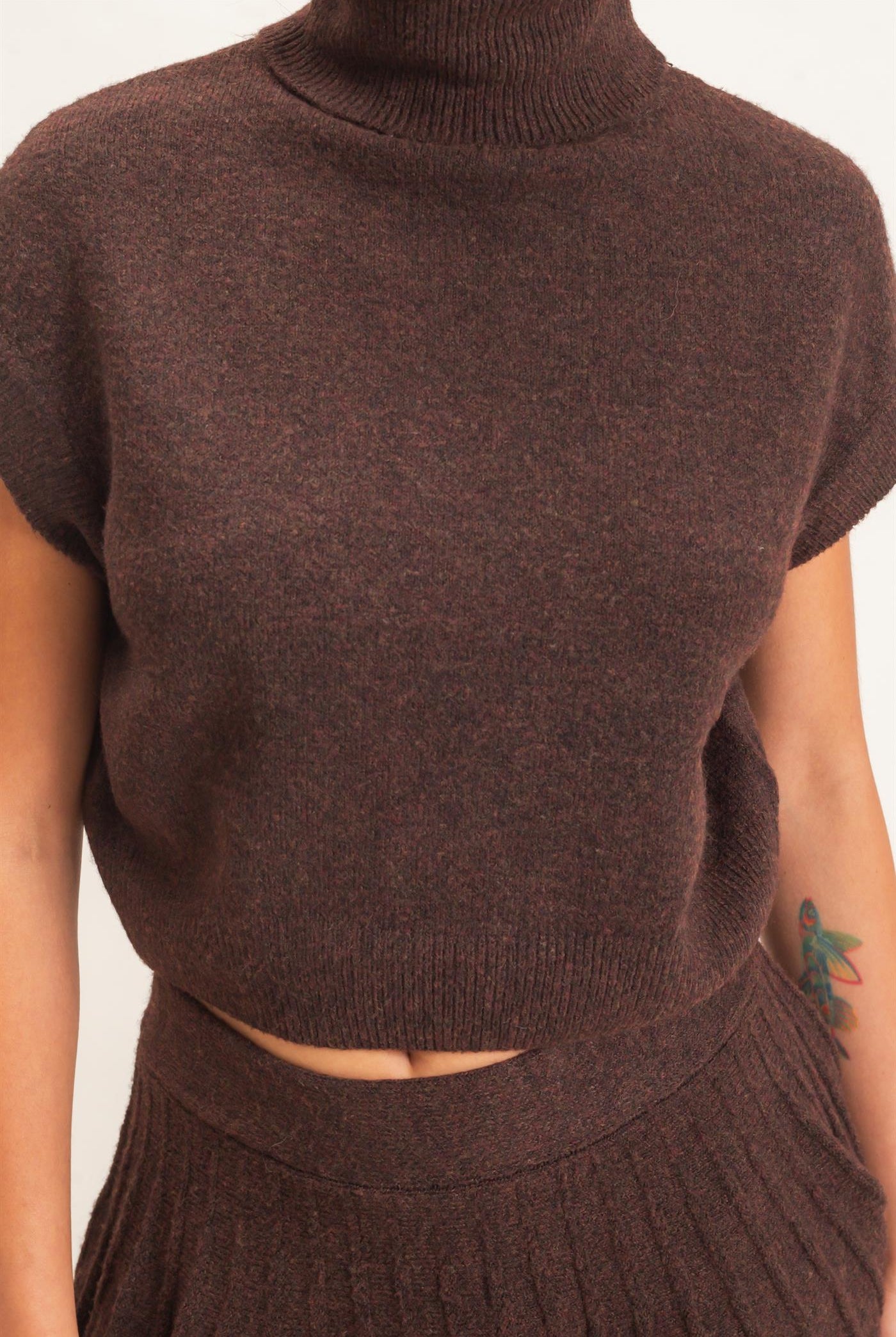 Wholesale Turtleneck Crop Top And Pleated Skirt Set Clothing DZ26C981-SET DARK BROWN DOUBLE ZERO