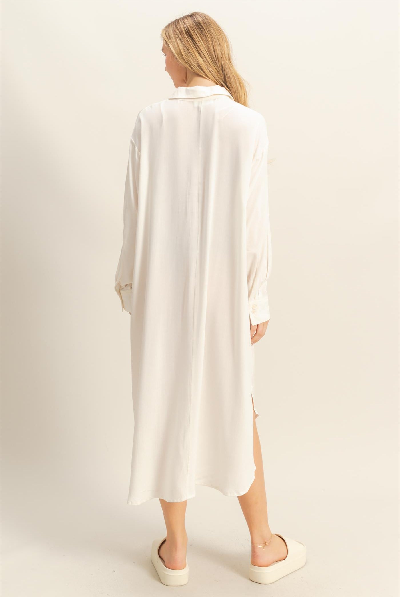 Wholesale V-Neck Long Sleeved Midi Shirts Dress Dresses DZ24E706 WHITE DOUBLE ZERO