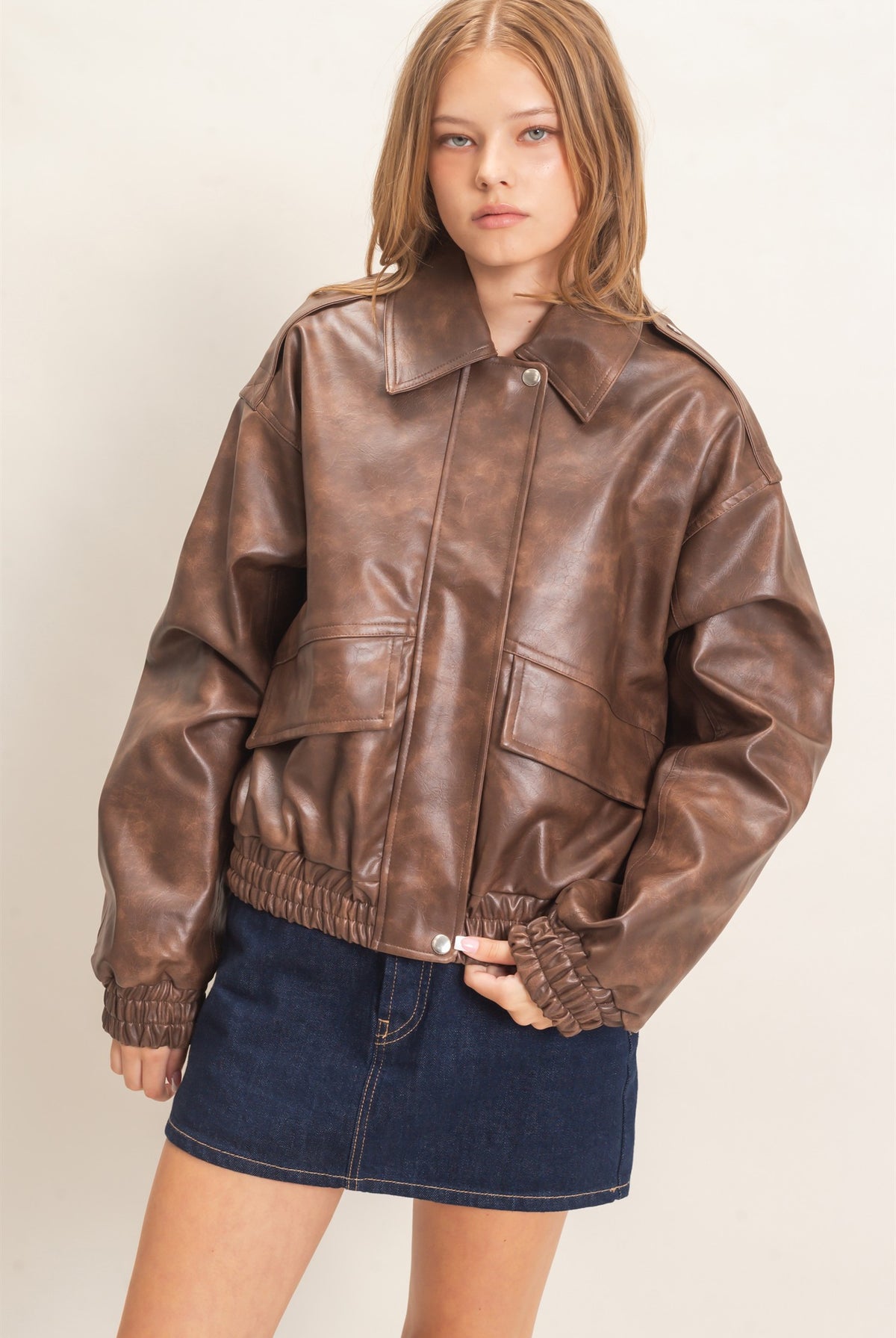 Wholesale Faux Leather Collared Bomber Jacket Bomber Jackets HF26C847 BROWN HYFVE
