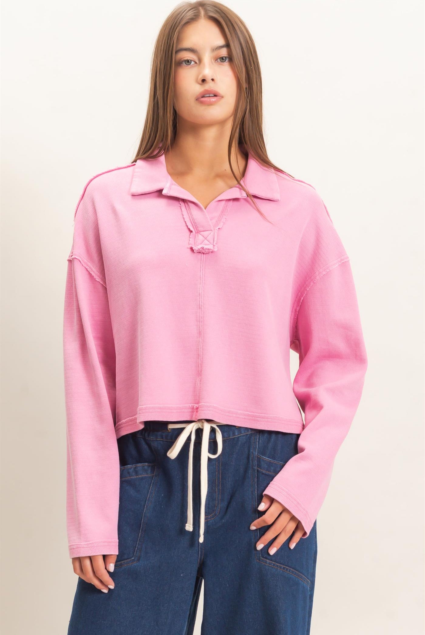 Wholesale Mineral Wash Textured Collar Top Polos DZ26E814 PINK DOUBLE ZERO