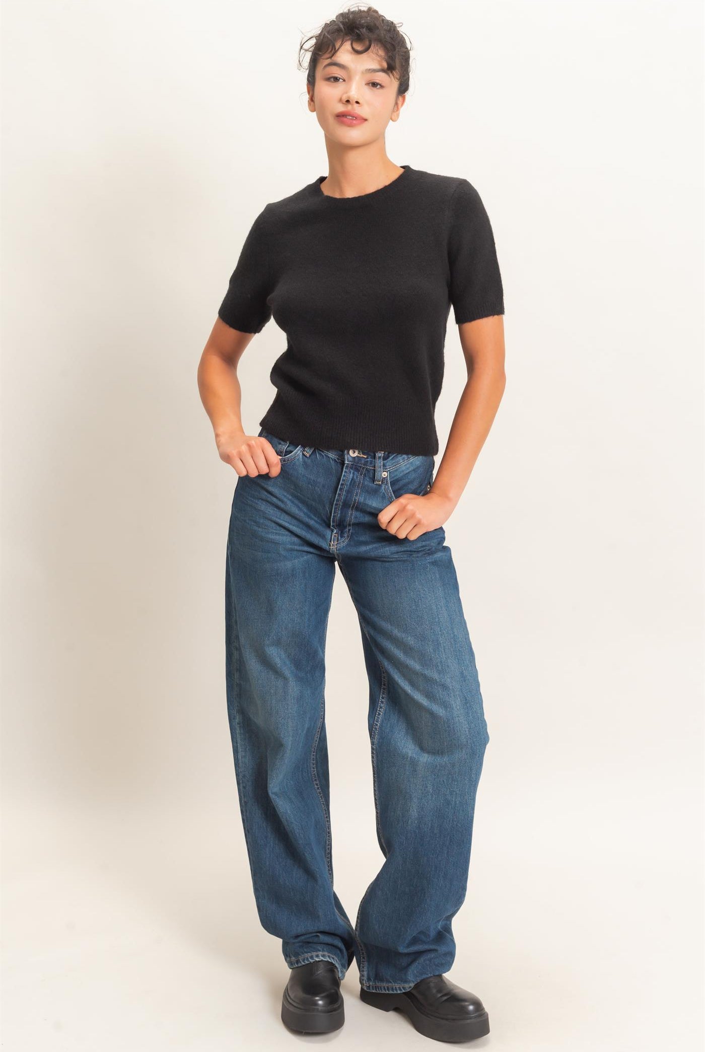 Wholesale Crew Neck Short Sleeve Knit Top Clothing Tops DZ26E944 BLACK DOUBLE ZERO
