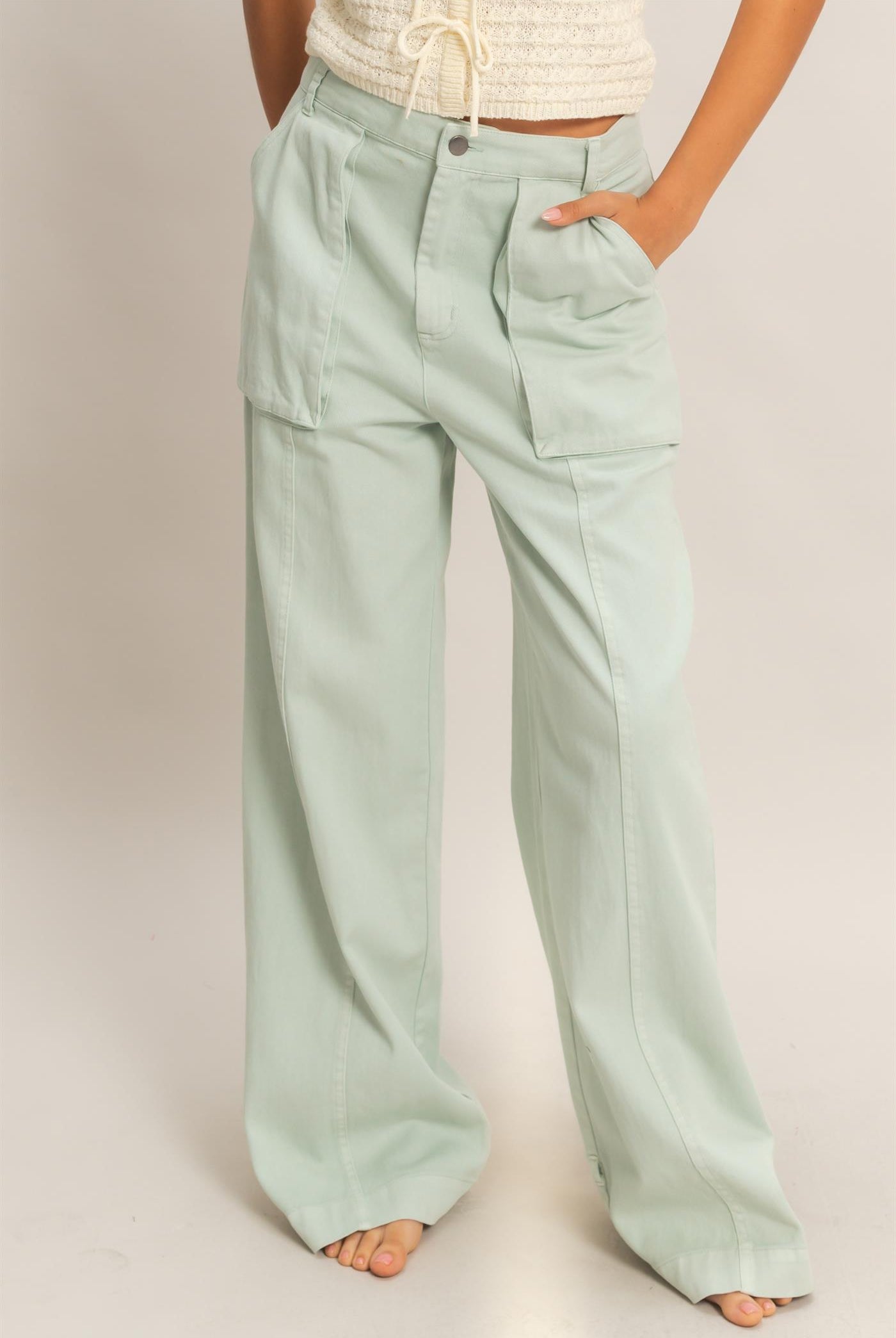 Wholesale High Rise Cargo Pants With Ankle Ties Pants DZ24C156 MINT DOUBLE ZERO