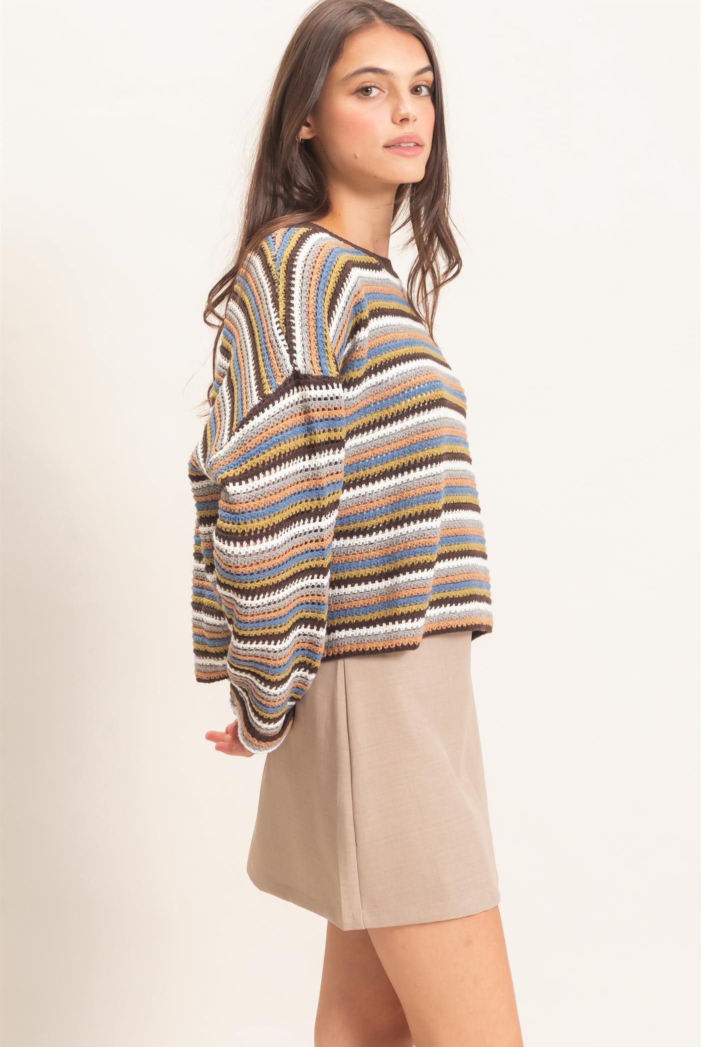 Wholesale Striped Boat Neck Sweater Sweaters HF26E681 BROWN COMBO HYFVE