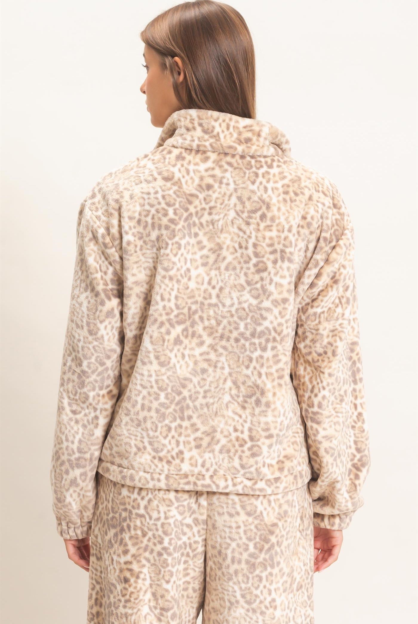 Wholesale Leopard Print Fleece Half Zip Pullover Sweaters DZ26E830 BEIGE DOUBLE ZERO