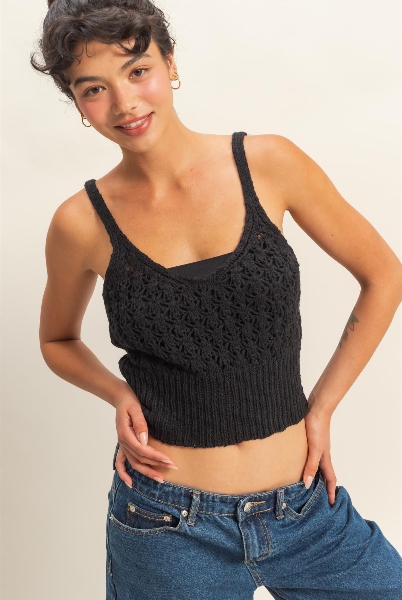 Wholesale Crochet Crop Top Clothing Tops DZ22C228 BLACK DOUBLE ZERO