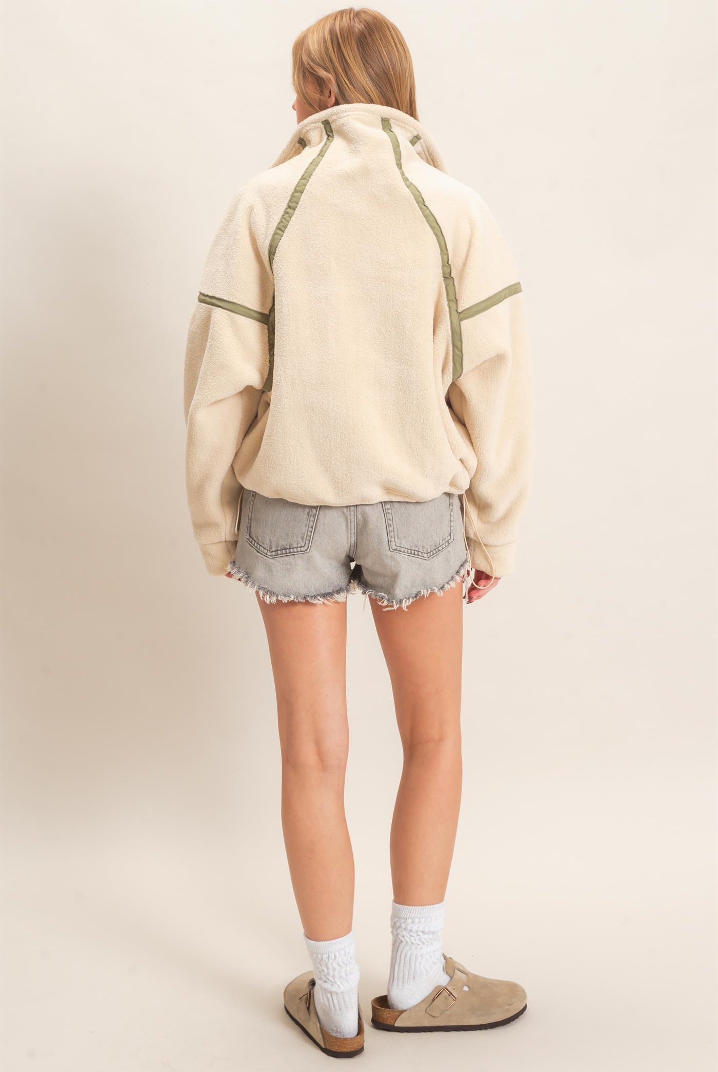 Wholesale Contrast Trim Half-Zip Fleece Pullover Outerwear HF26F206-D LIGHT BEIGE HYFVE