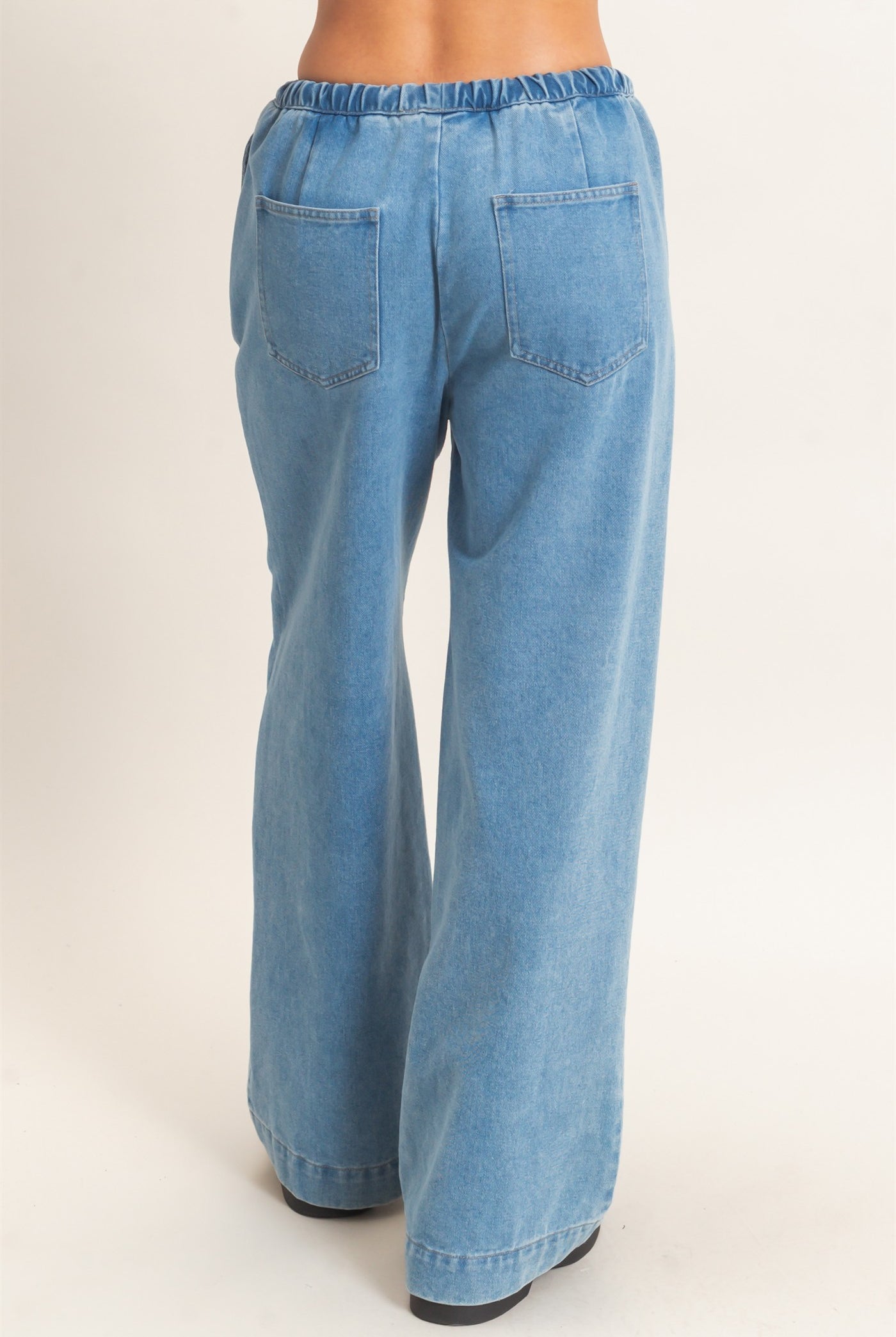 Wholesale Elastic Waist Wide Leg Denim Pants Pants DZ26E331 MEDIUM BLUE DOUBLE ZERO