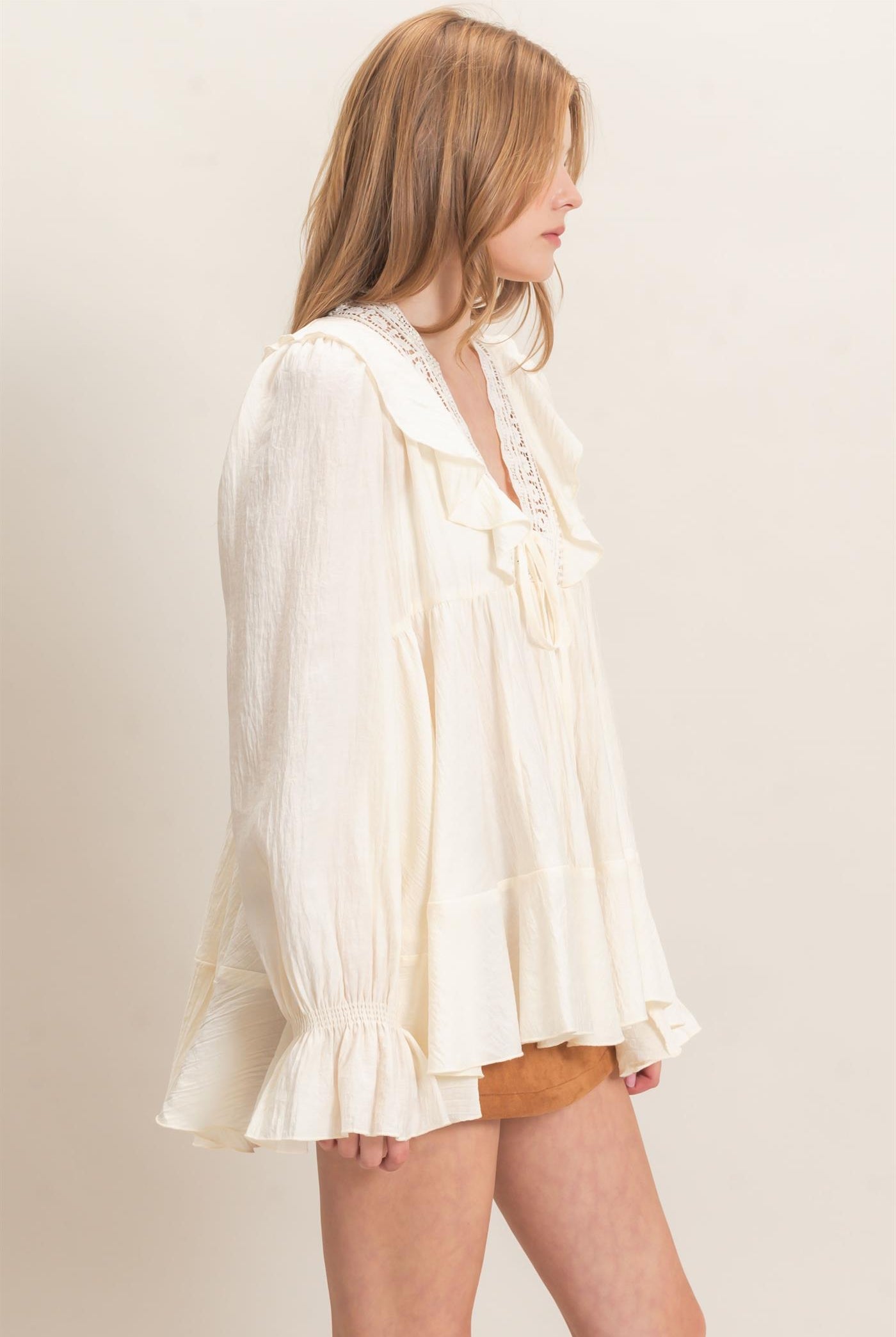 Wholesale Ruffle Lace Tie Neck Blouse Tunics HF26E642 CREAM HYFVE