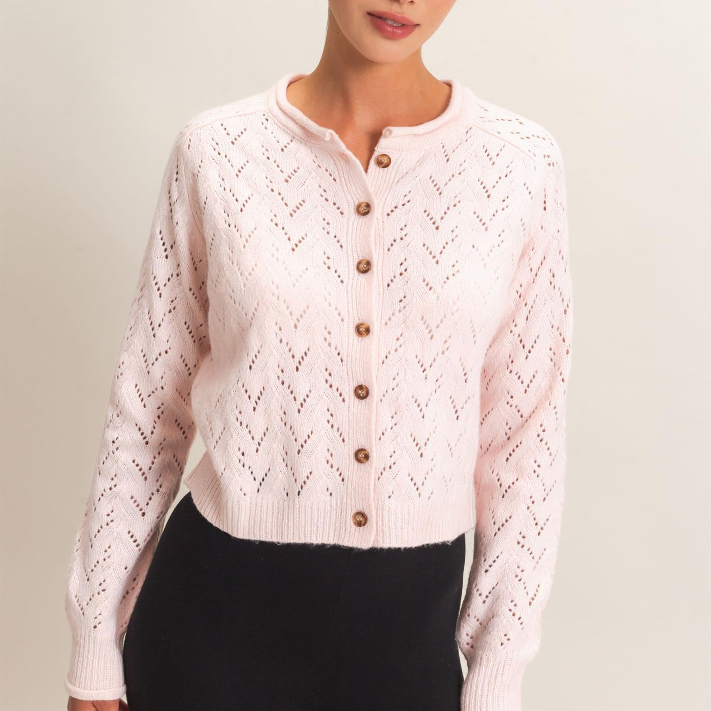 Wholesale Pointelle Knit Button Front Cardigan Cardigans DZ26C978 LIGHT PINK DOUBLE ZERO