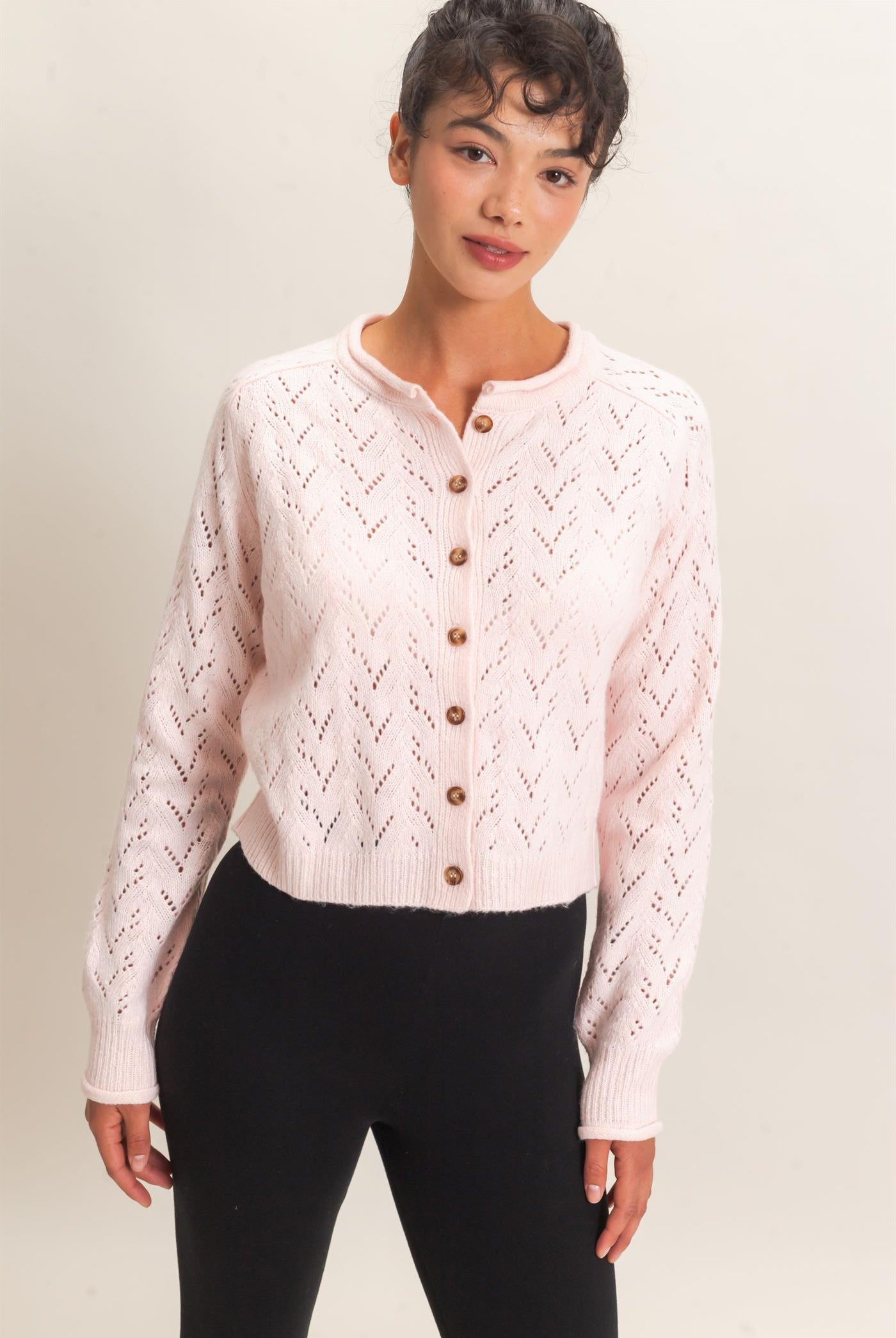 Wholesale Pointelle Knit Button Front Cardigan Cardigans DZ26C978 LIGHT PINK DOUBLE ZERO