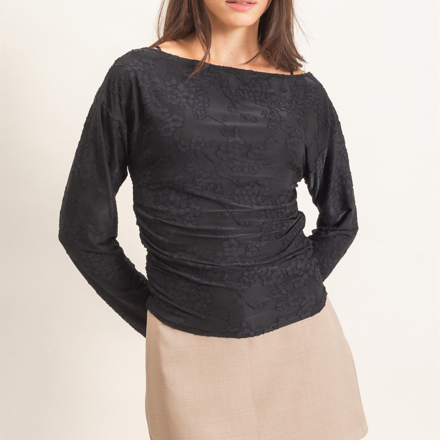 Wholesale Sheer Lace Boat Neck Top Blouses HF26E761 BLACK HYFVE