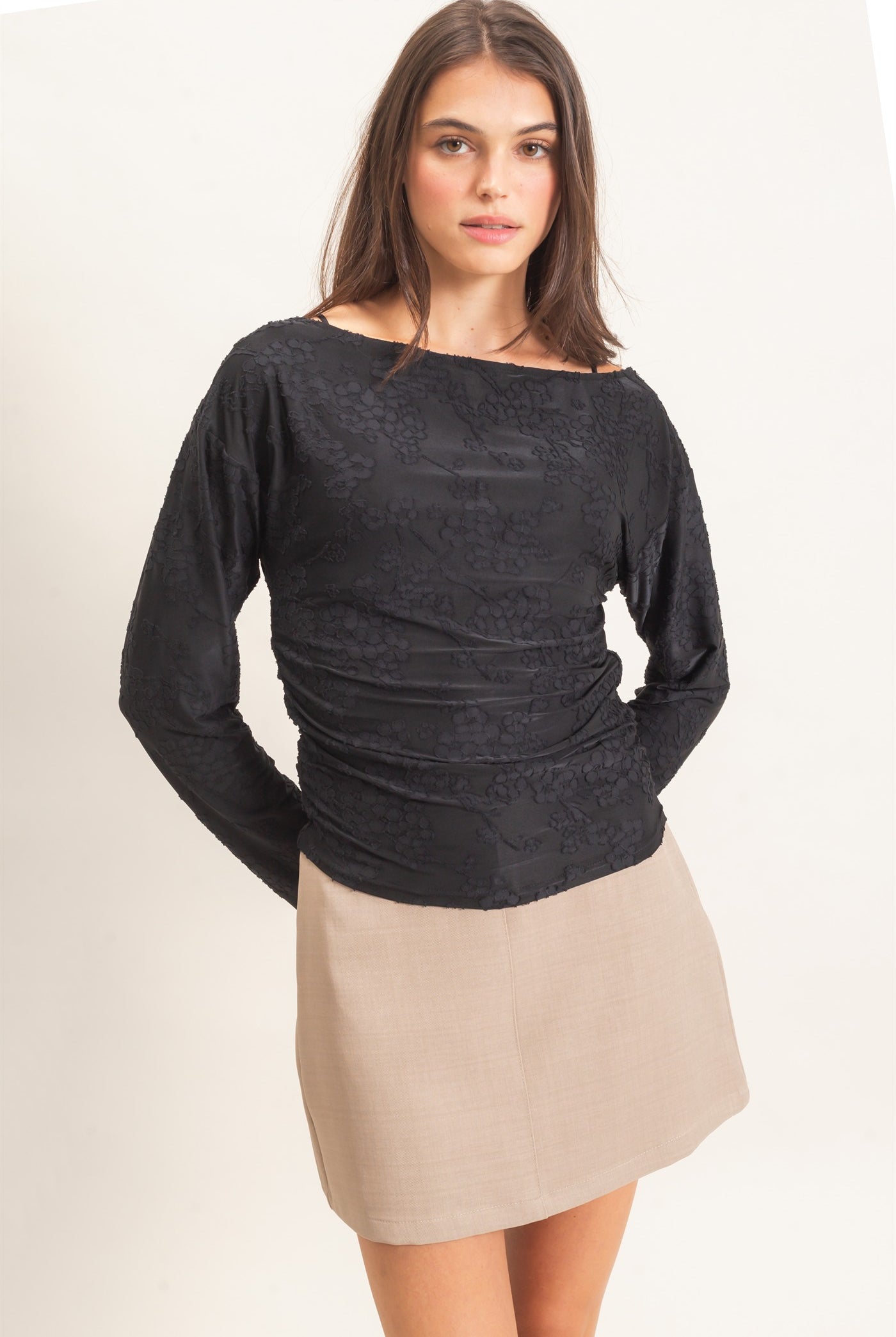 Wholesale Sheer Lace Boat Neck Top Blouses HF26E761 BLACK HYFVE
