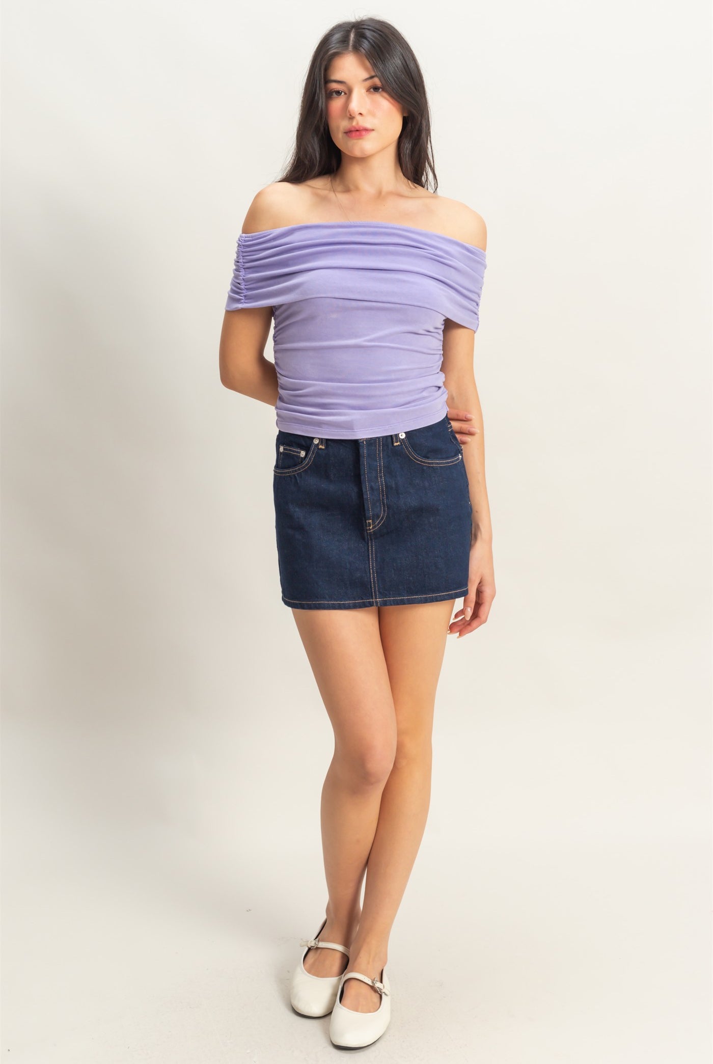 Wholesale Off-The-Shoulder Side Ruched Top Clothing Tops DZ25C848 WISTERIA DOUBLE ZERO