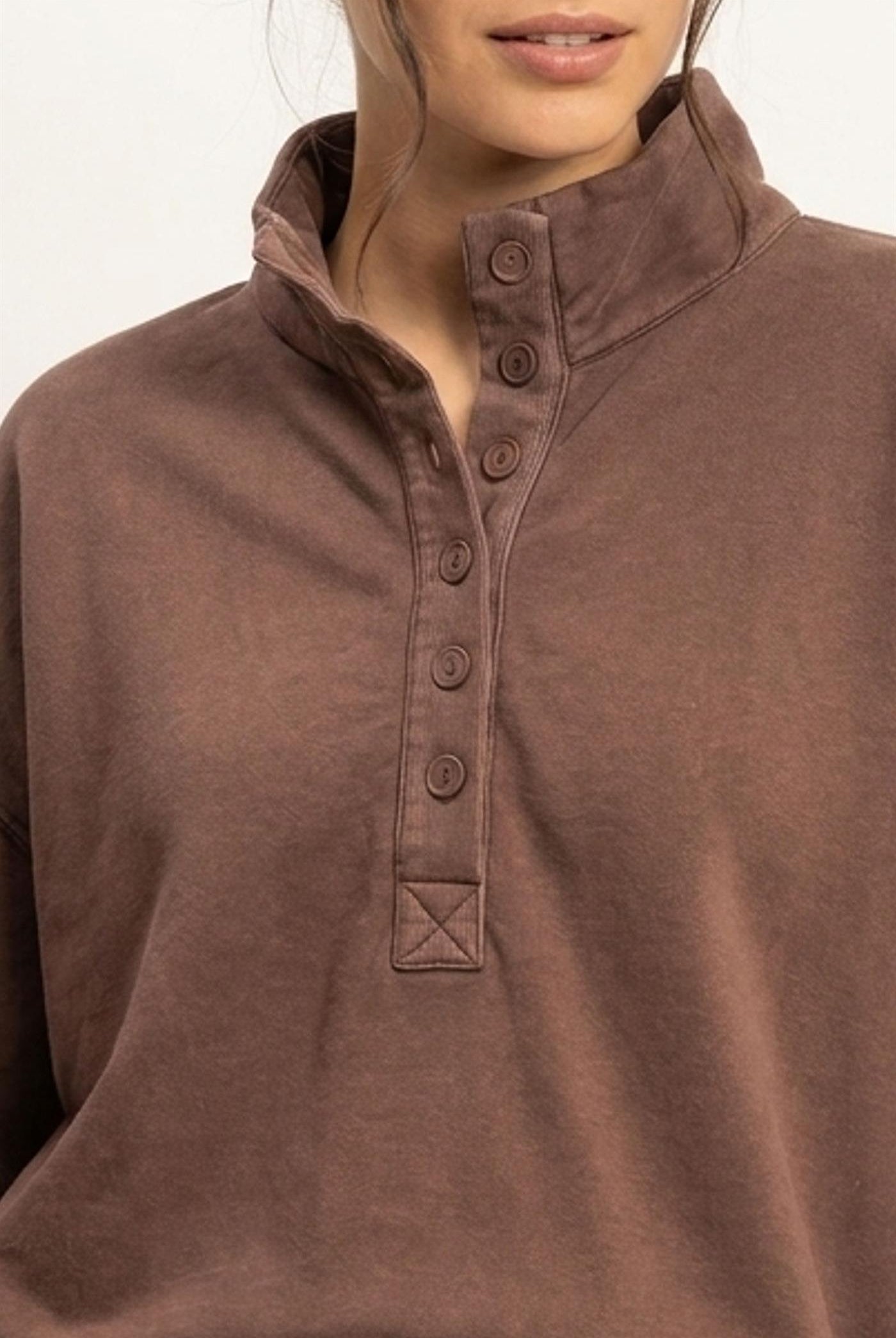Wholesale Mineral Wash Button Front Sweatshirt Sweatshirts DZ26C909 DARK BROWN DOUBLE ZERO