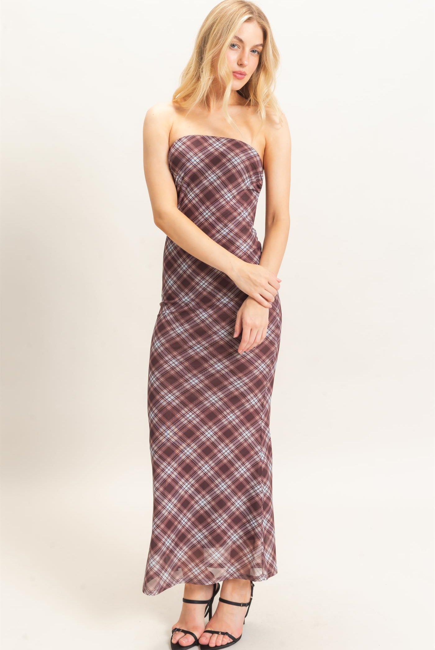 Wholesale Strapless Printed Mesh Maxi Dress Dresses HF26F212 BROWN/PLAID HYFVE