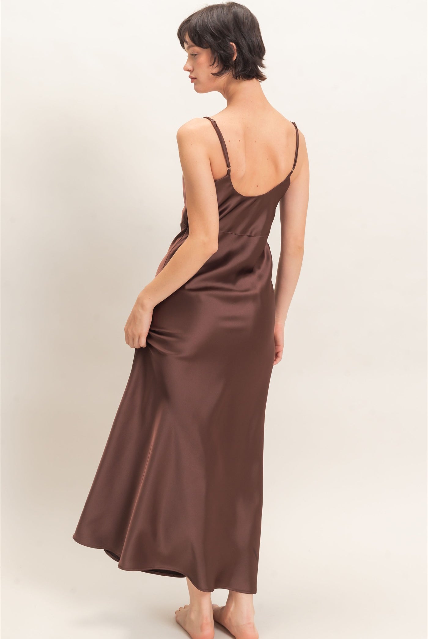 Wholesale Satin Slip Dress With Spaghetti Straps Dresses DZ26E380 DARK BROWN DOUBLE ZERO