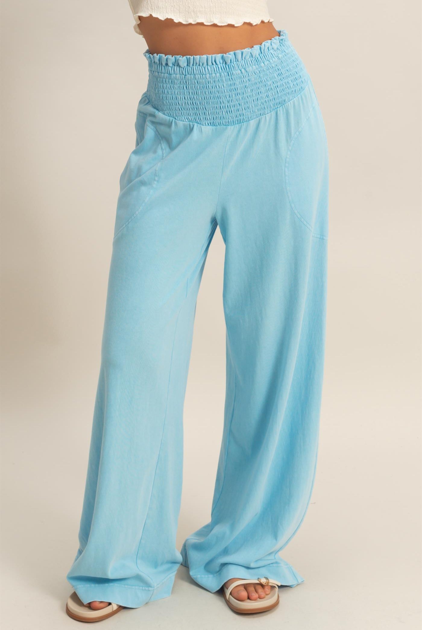 Wholesale Mineral Washed Wide-Leg Smocked Waist Pants Pants DZ26A249 BLUE DOUBLE ZERO