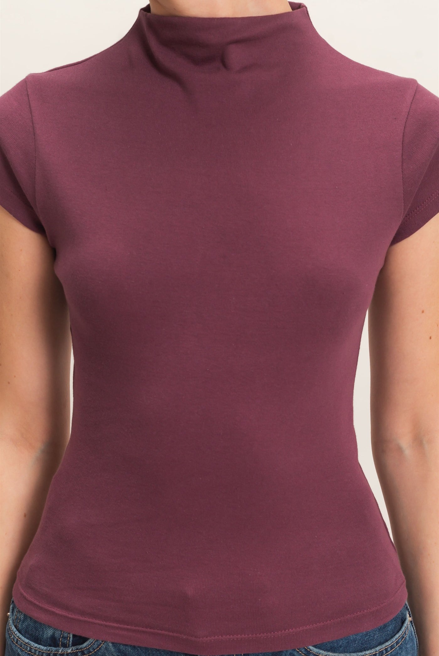 Wholesale Mock Neck Cap Sleeve Top Clothing Tops DZ26E323 DARK CHERRY DOUBLE ZERO